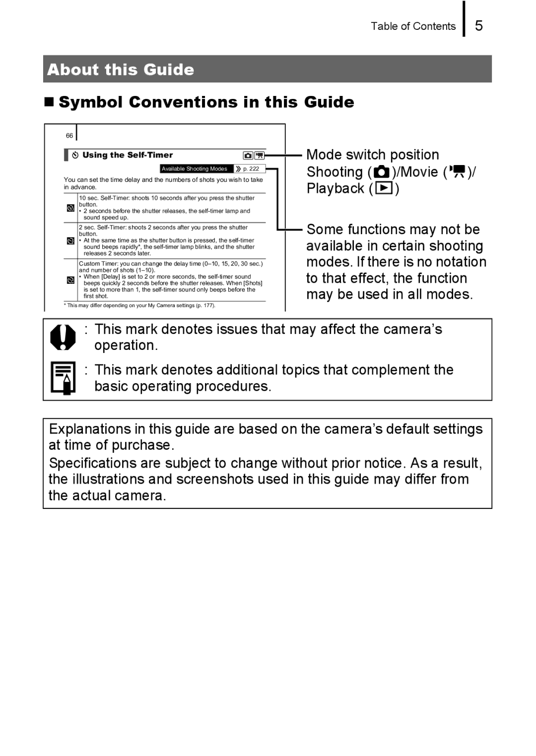 Canon IXUS 80IS, IXUS82IS manual „ Symbol Conventions in this Guide, Mode switch position Shooting /Movie / Playback 