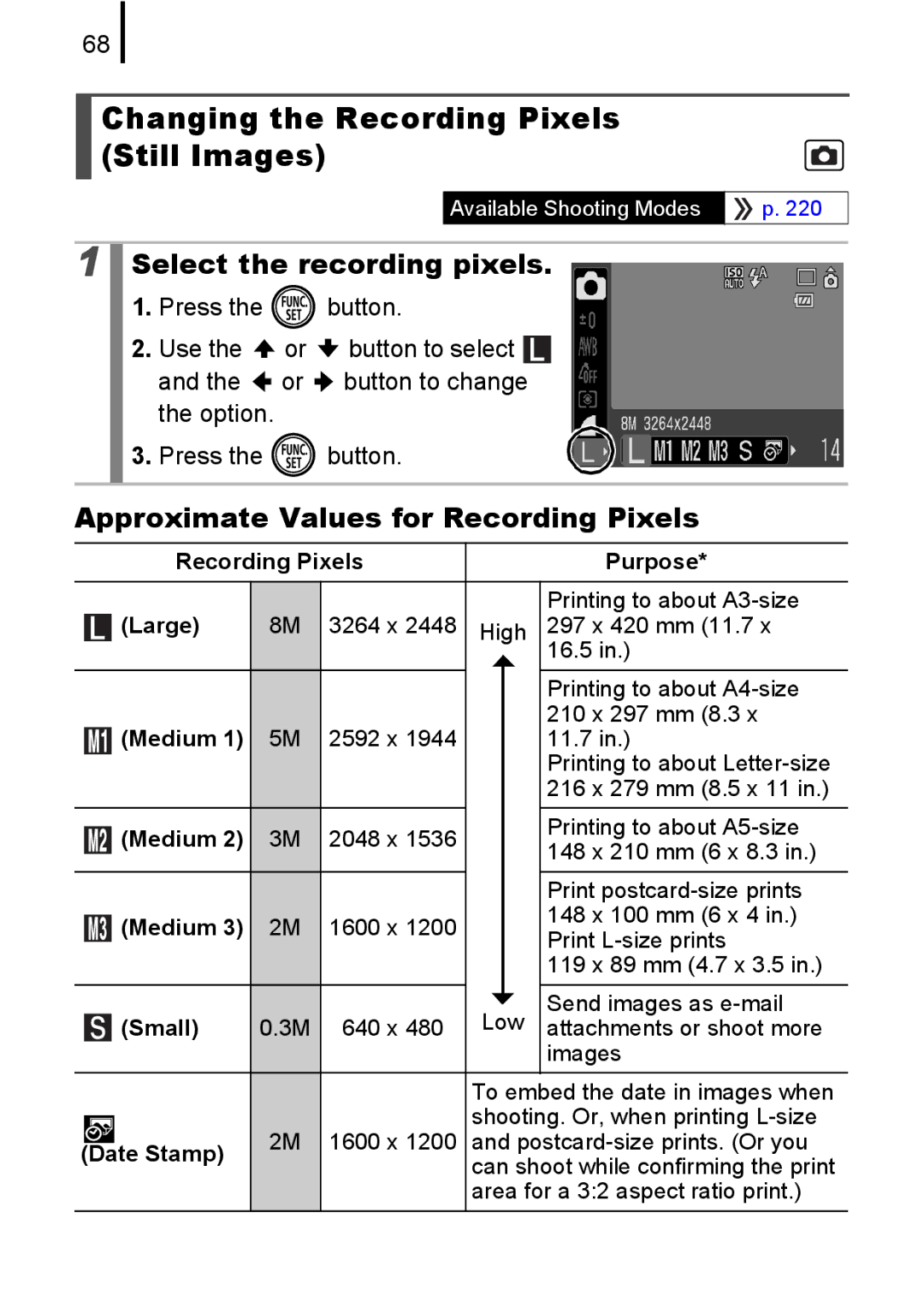 Canon IXUS82IS, IXUS 80IS manual Changing the Recording Pixels Still Images, Select the recording pixels 