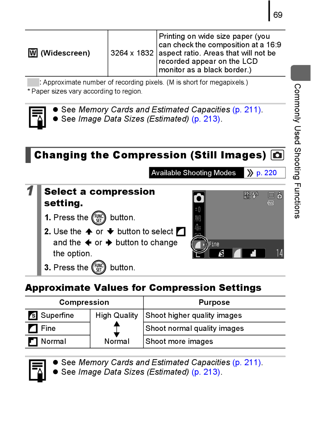 Canon IXUS 80IS manual Changing the Compression Still Images, Select a compression setting, Widescreen, Compression Purpose 