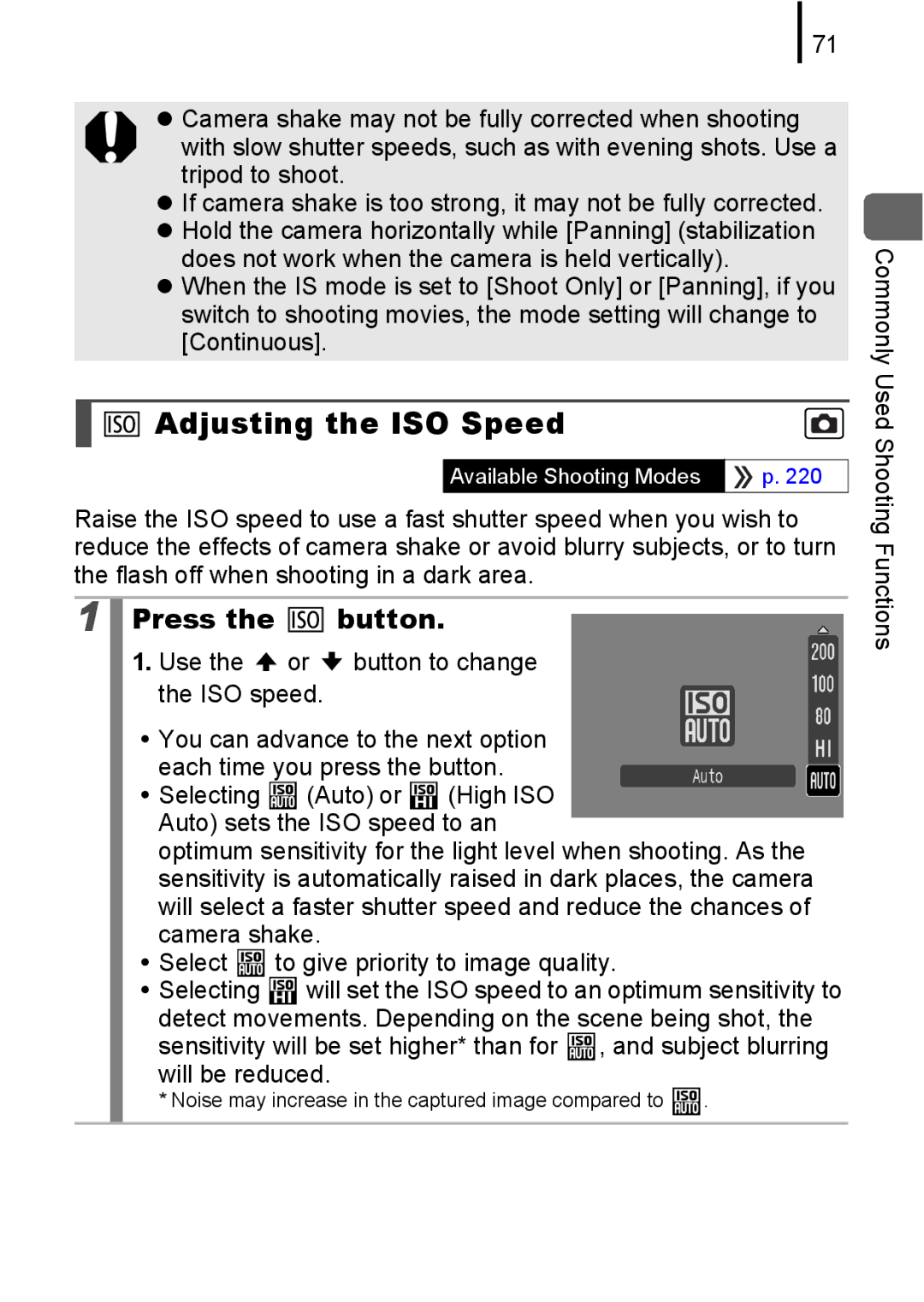 Canon IXUS 80IS, IXUS82IS manual Adjusting the ISO Speed, Press the button 