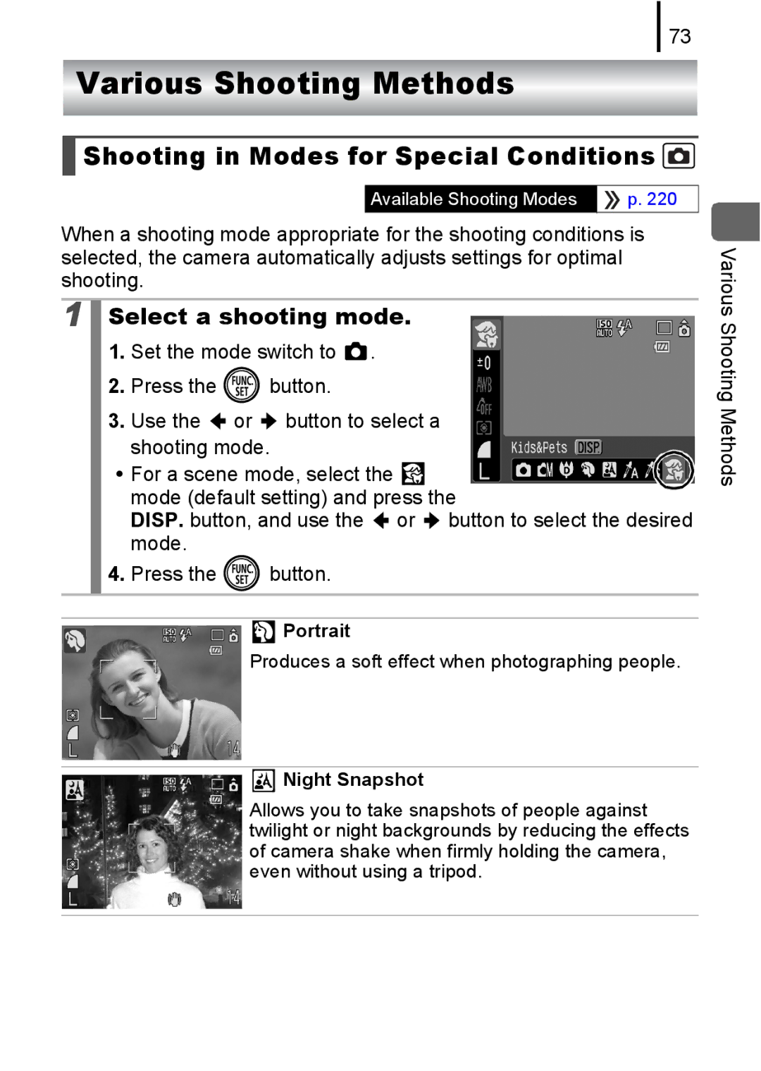 Canon IXUS 80IS, IXUS82IS Various Shooting Methods, Shooting in Modes for Special Conditions, Portrait, Night Snapshot 