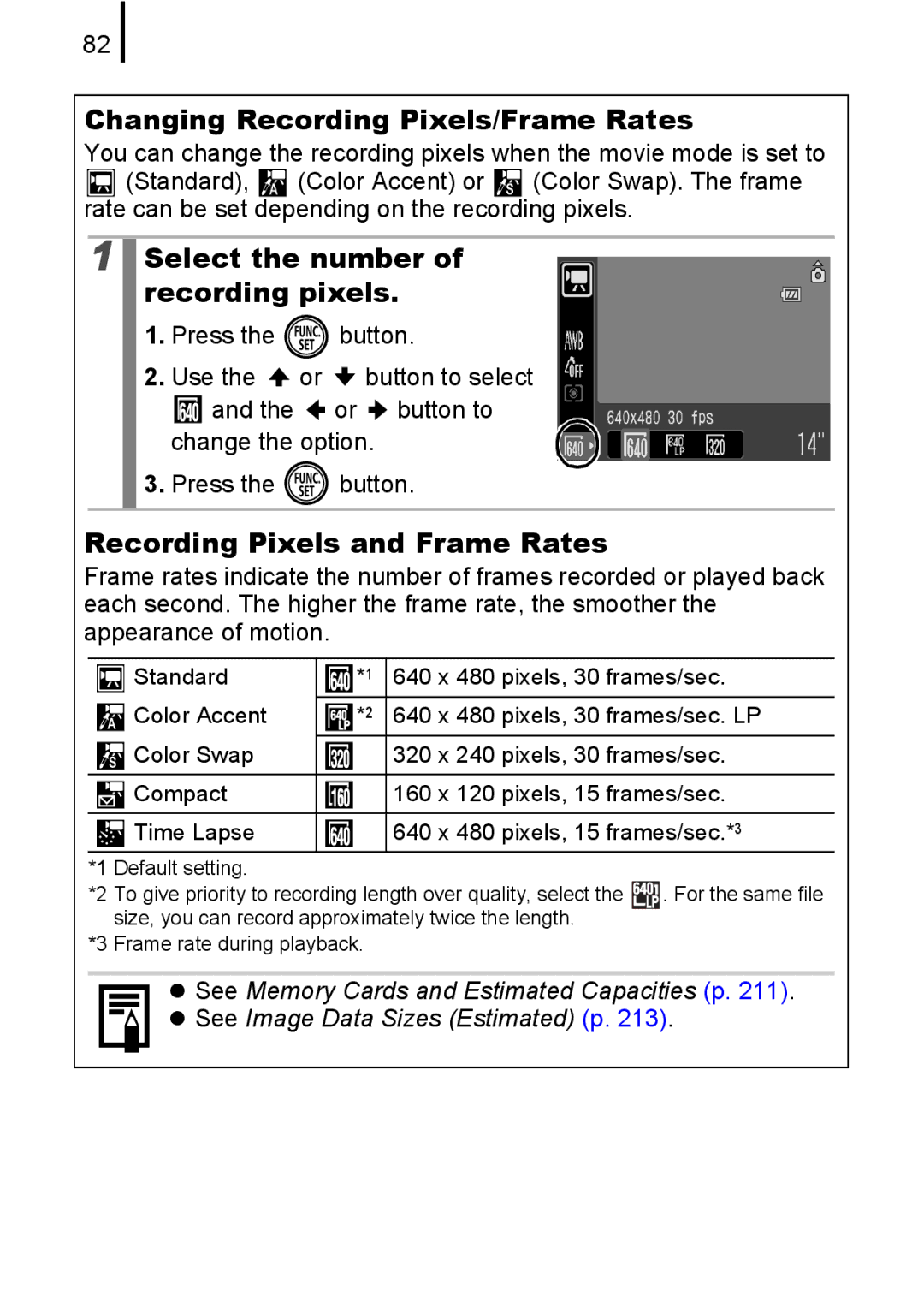 Canon IXUS82IS, IXUS 80IS manual Changing Recording Pixels/Frame Rates, Select the number of recording pixels 