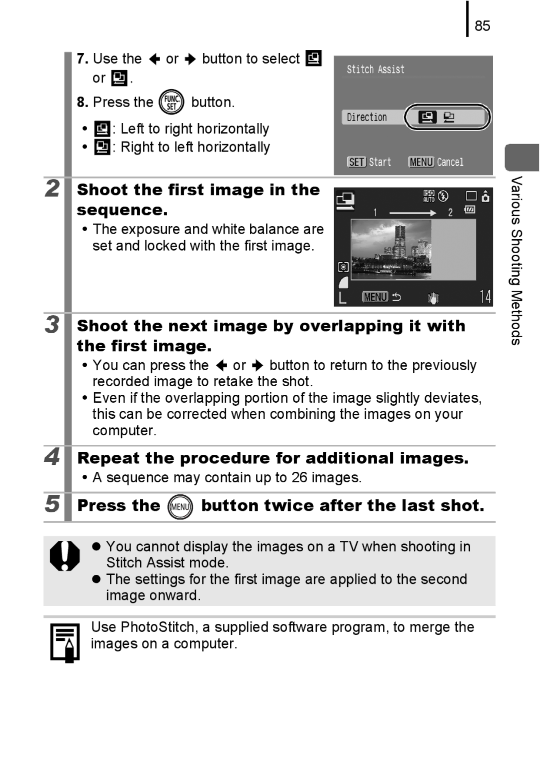 Canon IXUS 80IS manual Shoot the first image in the sequence, Shoot the next image by overlapping it with the first image 