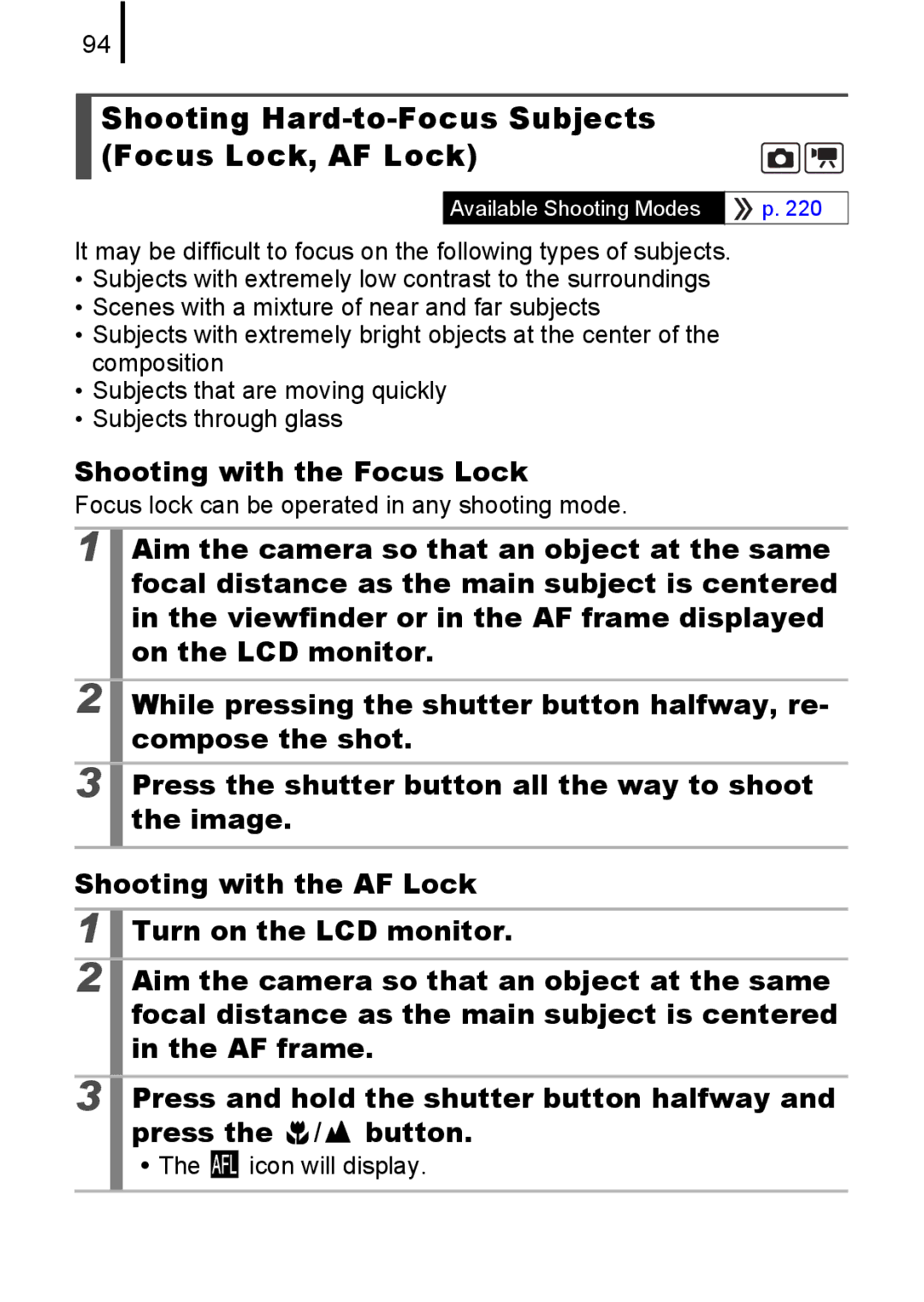 Canon IXUS82IS manual Shooting Hard-to-Focus Subjects Focus Lock, AF Lock, Shooting with the Focus Lock, Icon will display 