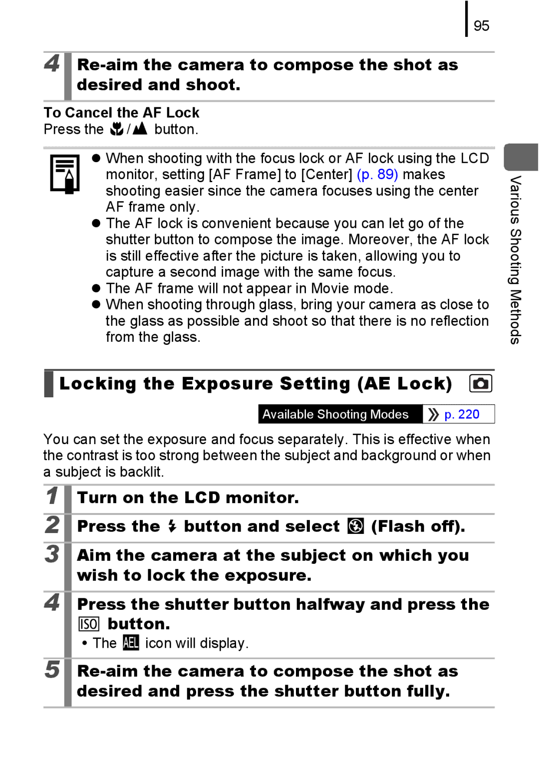 Canon IXUS 80IS, IXUS82IS Locking the Exposure Setting AE Lock, Re-aim the camera to compose the shot as desired and shoot 