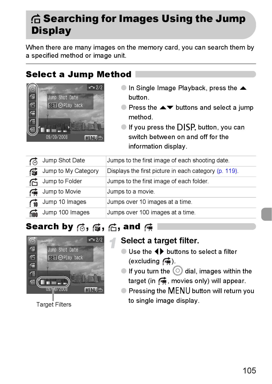 Canon IXUS980IS Searching for Images Using the Jump Display, Select a Jump Method, Search by, Select a target filter, 105 