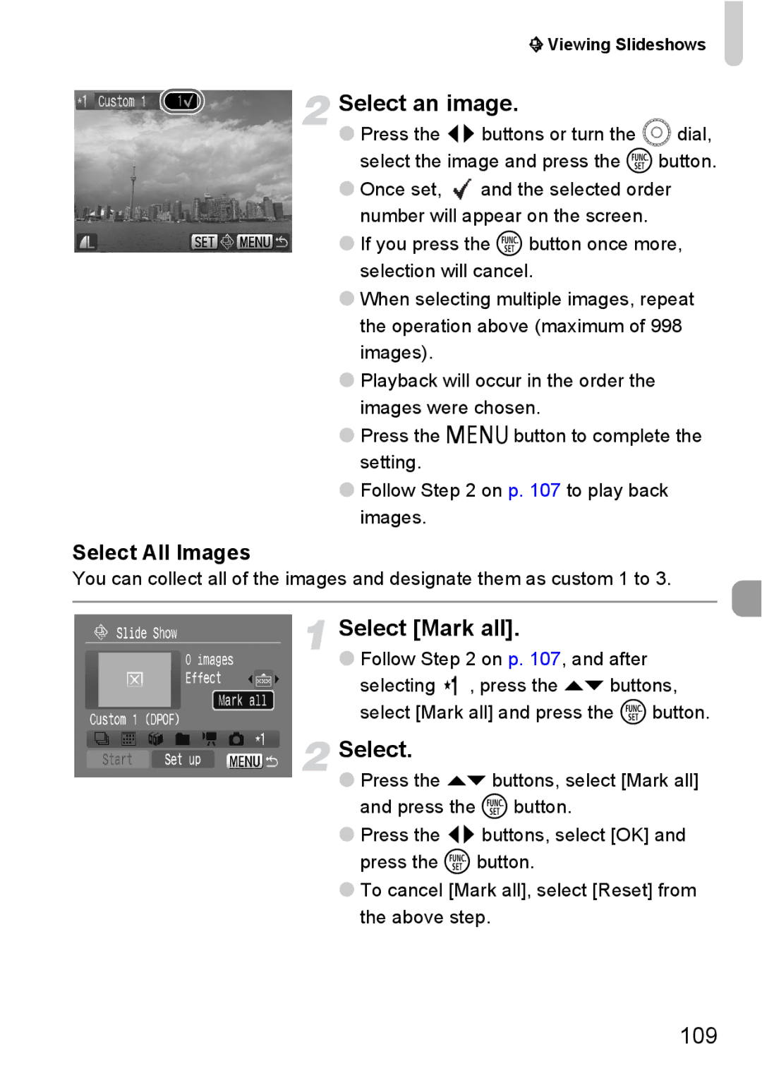 Canon IXUS980IS manual Select Mark all, 109, Select All Images 