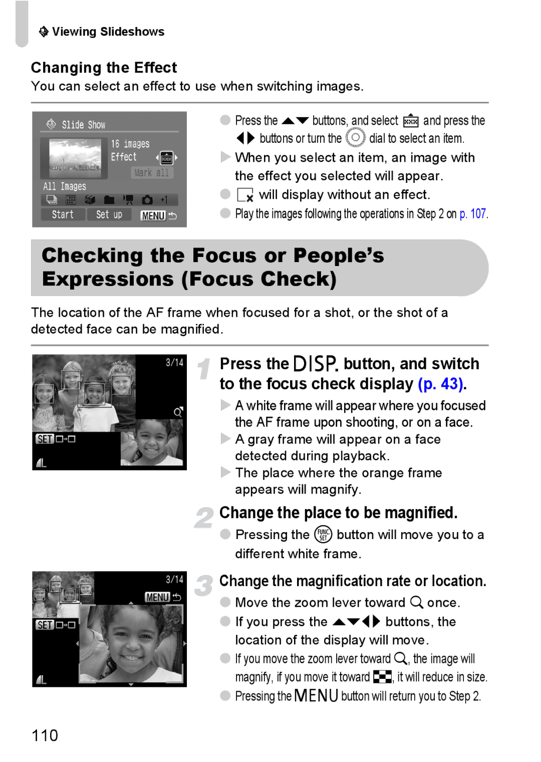 Canon IXUS980IS manual Checking the Focus or People’s Expressions Focus Check, Change the place to be magnified, 110 