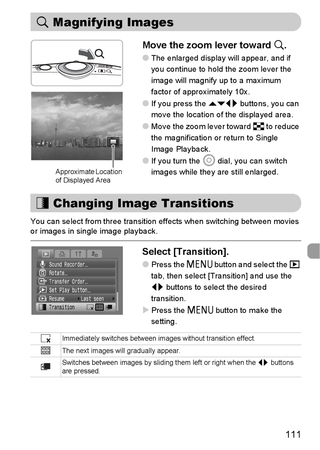 Canon IXUS980IS Magnifying Images, + Changing Image Transitions, Move the zoom lever toward k, Select Transition, 111 