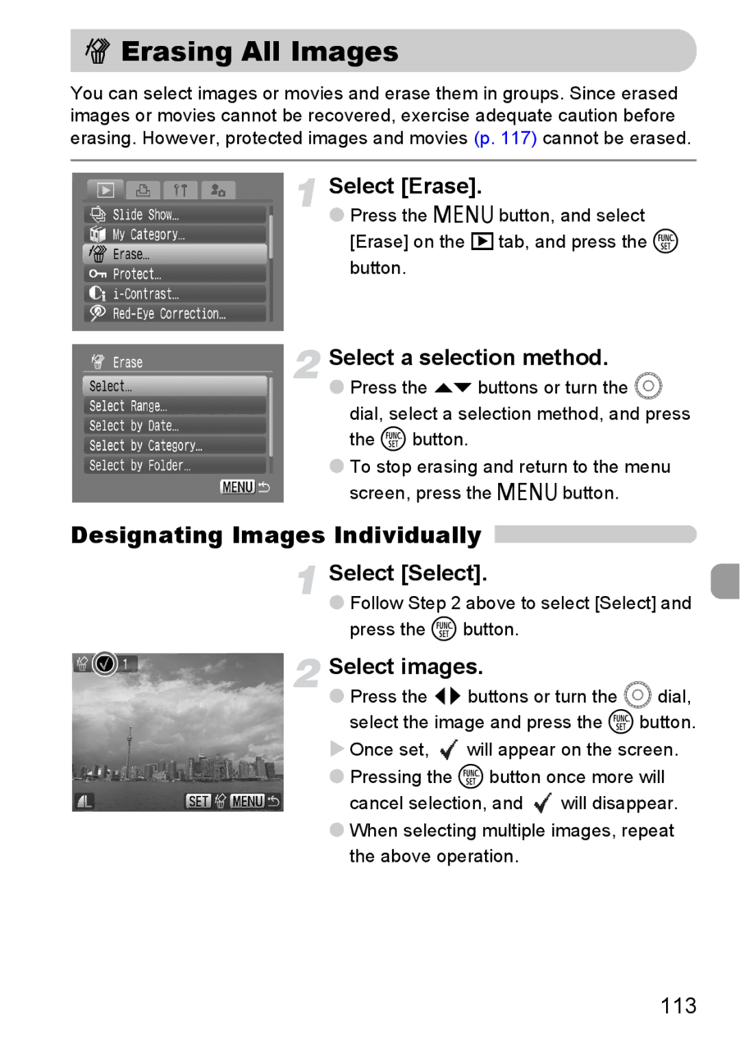 Canon IXUS980IS manual Erasing All Images, Designating Images Individually 