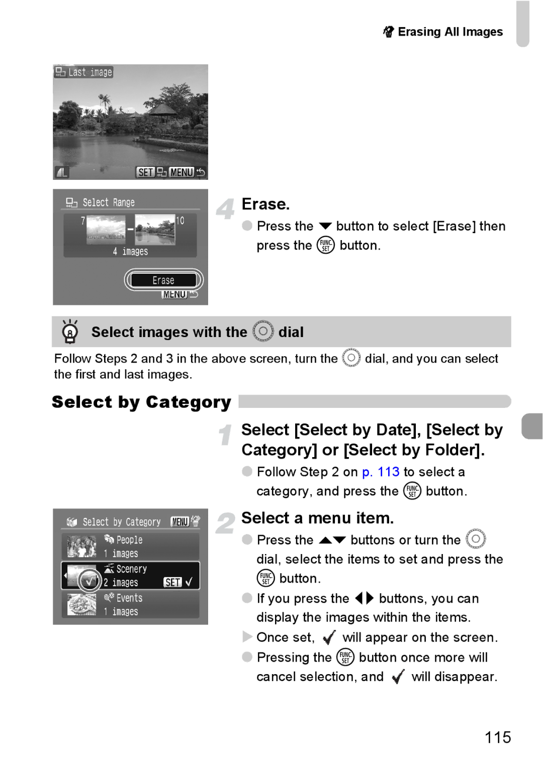 Canon IXUS980IS manual Select by Category, 115, Select images with the Â dial 