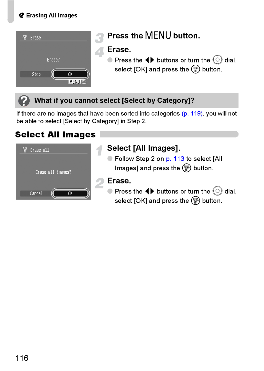 Canon IXUS980IS manual Select All Images, 116, What if you cannot select Select by Category? 