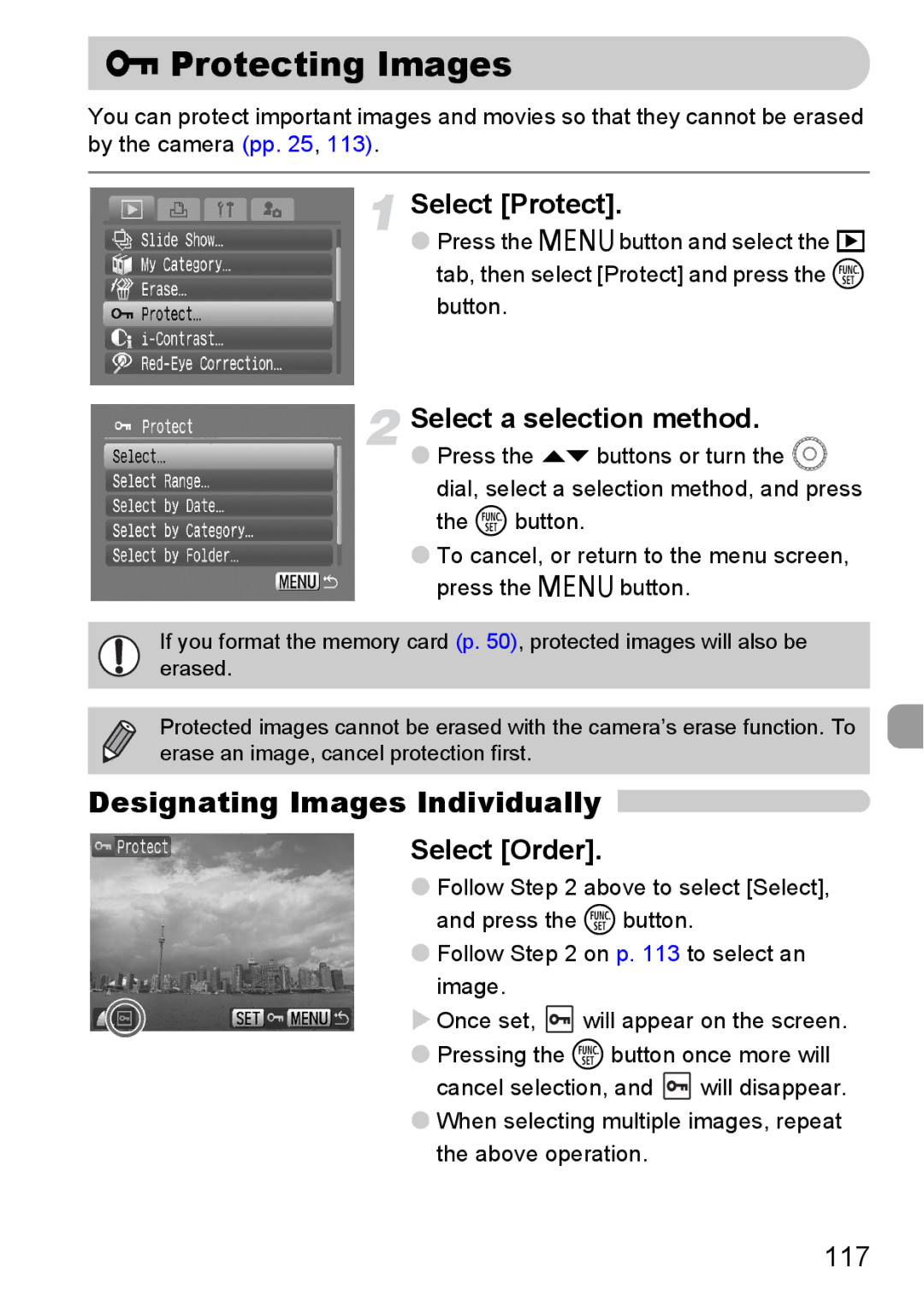 Canon IXUS980IS manual Protecting Images, Select Protect, Select Order, 117 