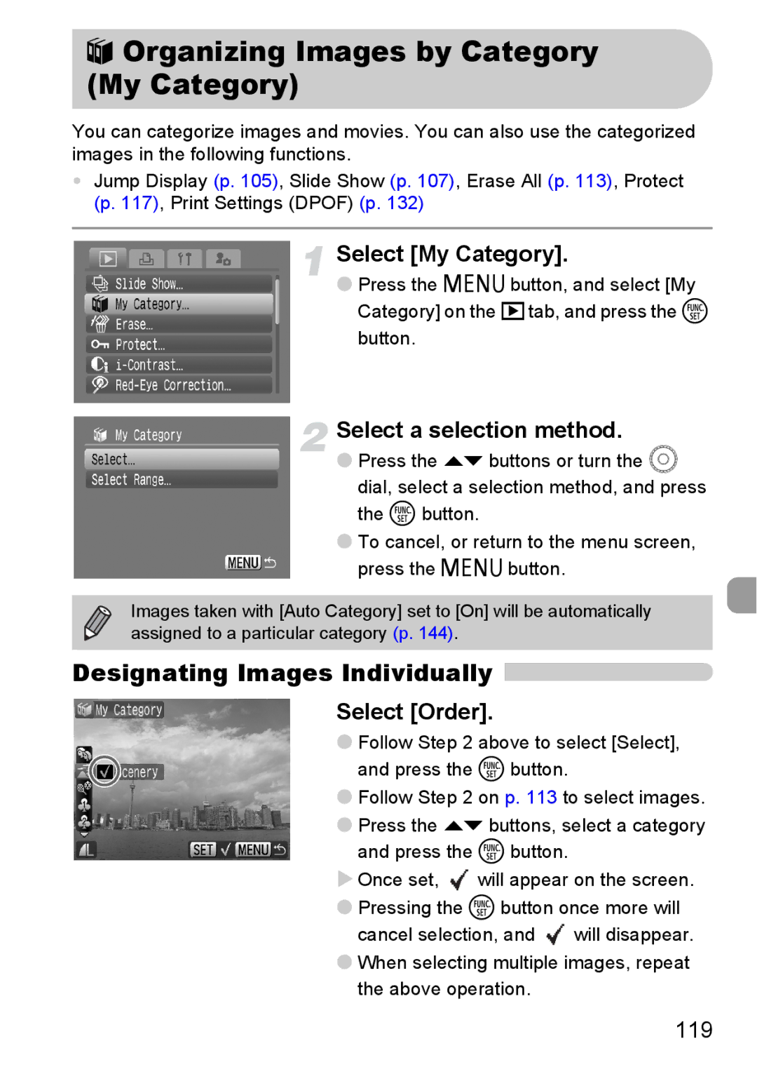 Canon IXUS980IS manual Organizing Images by Category My Category, Select My Category, 119 