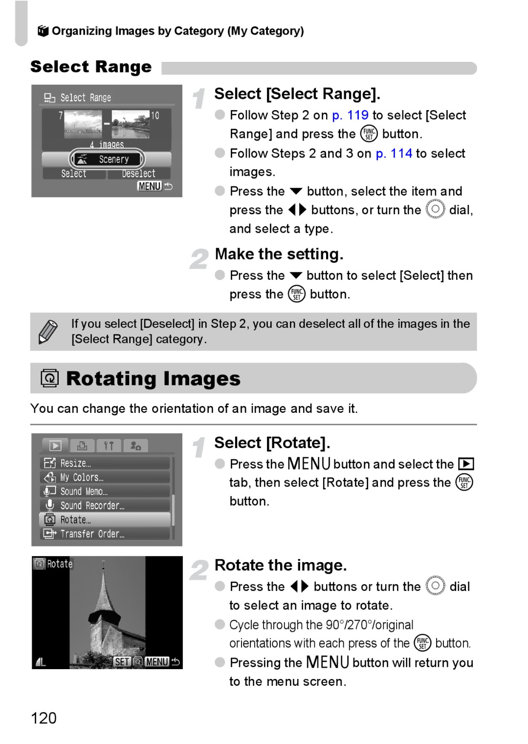 Canon IXUS980IS manual Rotating Images, Select Rotate, Rotate the image, 120, Organizing Images by Category My Category 