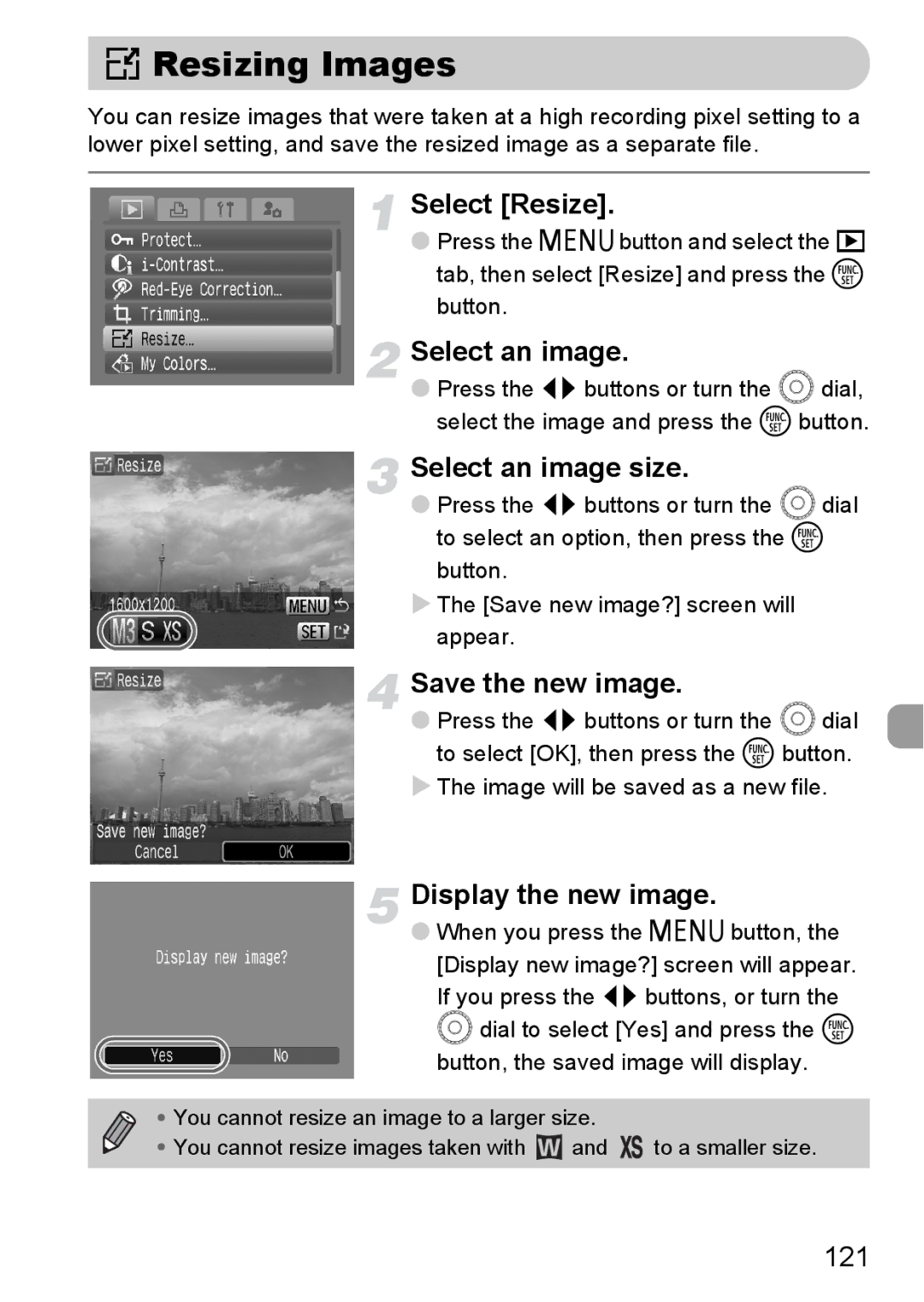 Canon IXUS980IS manual = Resizing Images, Select Resize, Select an image size, Save the new image, Display the new image 