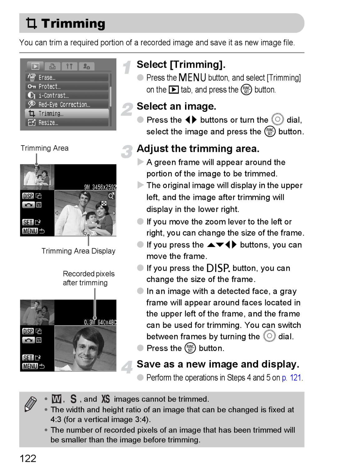 Canon IXUS980IS manual Select Trimming, Adjust the trimming area, Save as a new image and display, 122 