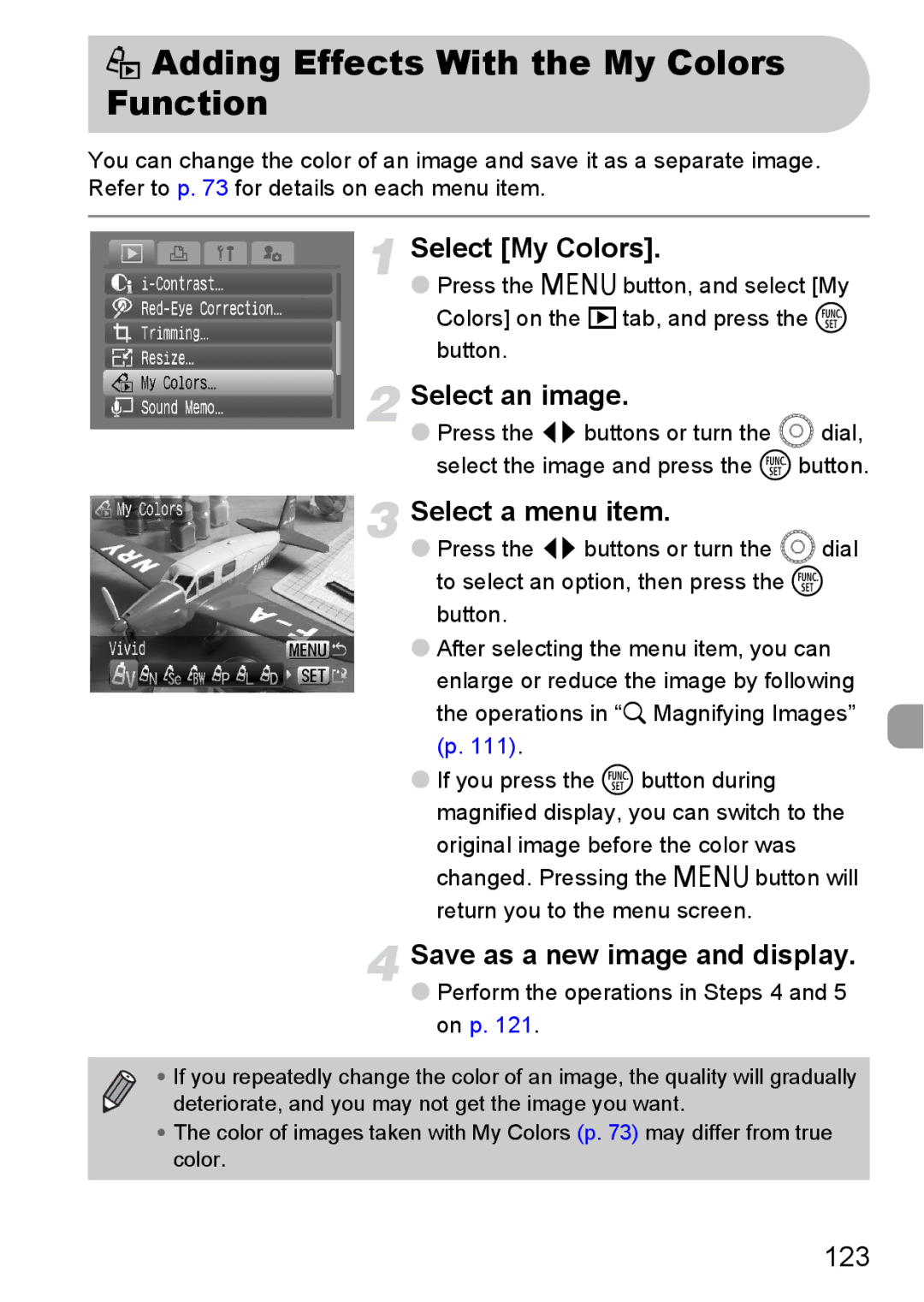 Canon IXUS980IS manual ? Adding Effects With the My Colors Function, 123 