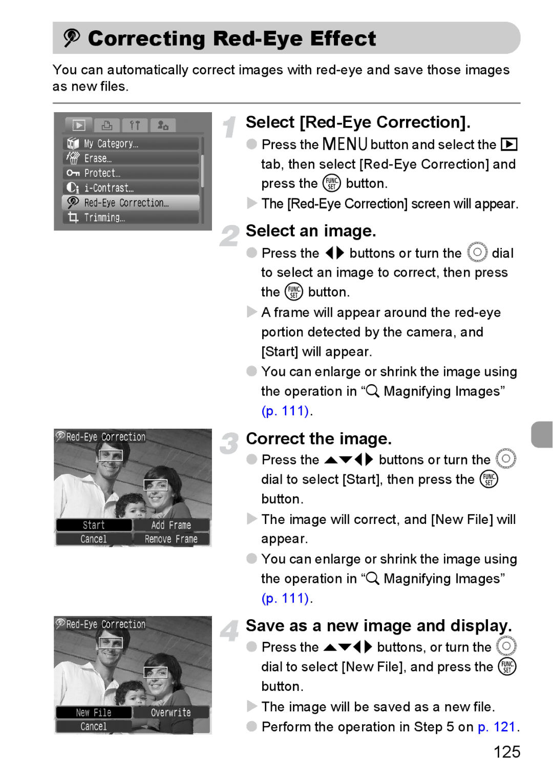 Canon IXUS980IS manual Correcting Red-Eye Effect, Select Red-Eye Correction, Correct the image, 125 