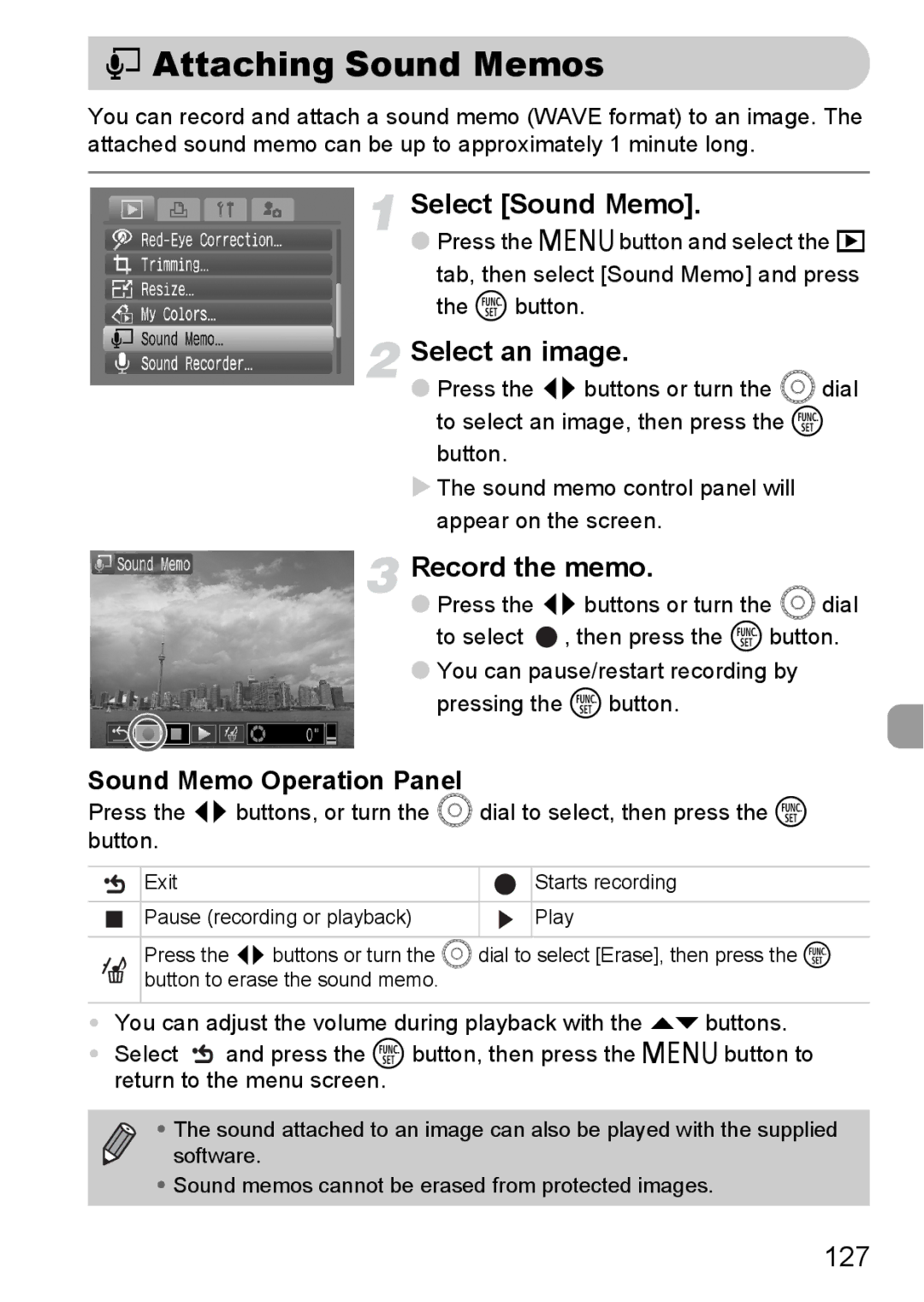 Canon IXUS980IS manual Attaching Sound Memos, Select Sound Memo, Record the memo, 127, Sound Memo Operation Panel 