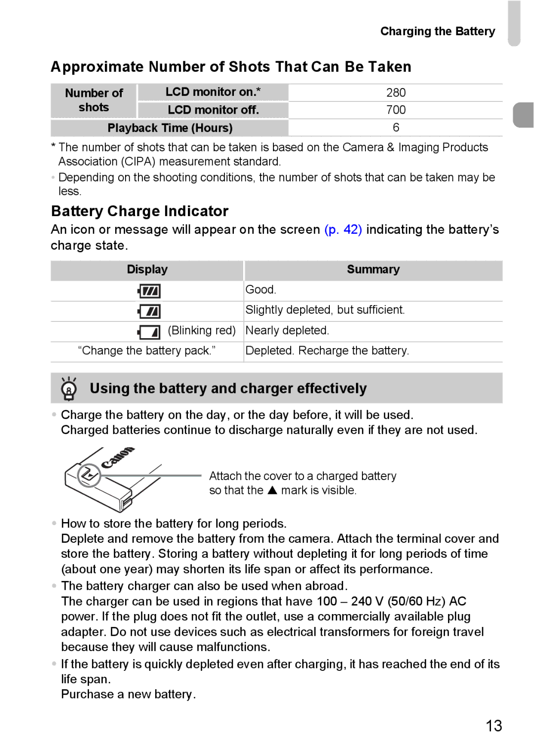 Canon IXUS980IS manual Approximate Number of Shots That Can Be Taken, Battery Charge Indicator 