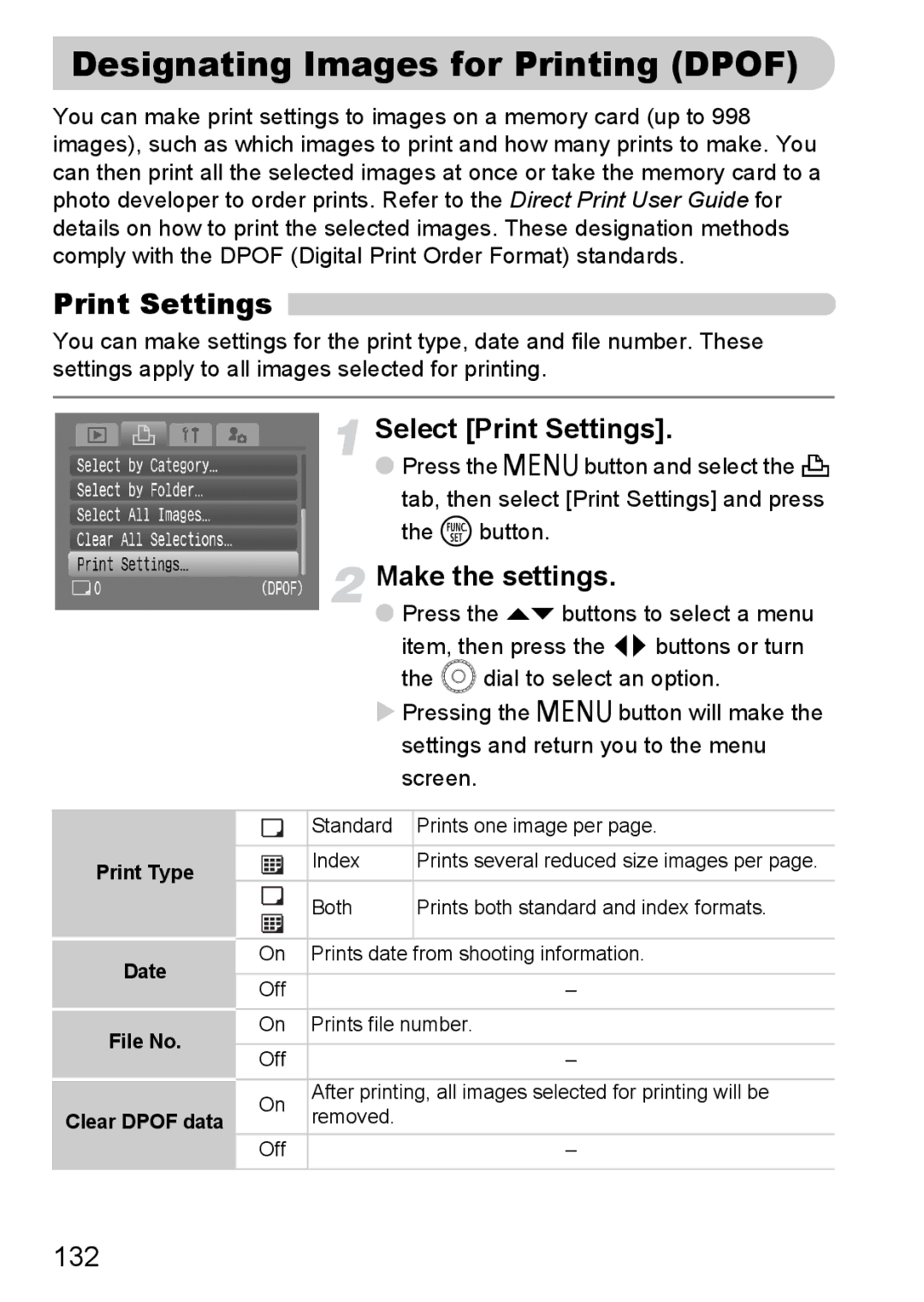 Canon IXUS980IS manual Designating Images for Printing Dpof, Select Print Settings, 132 