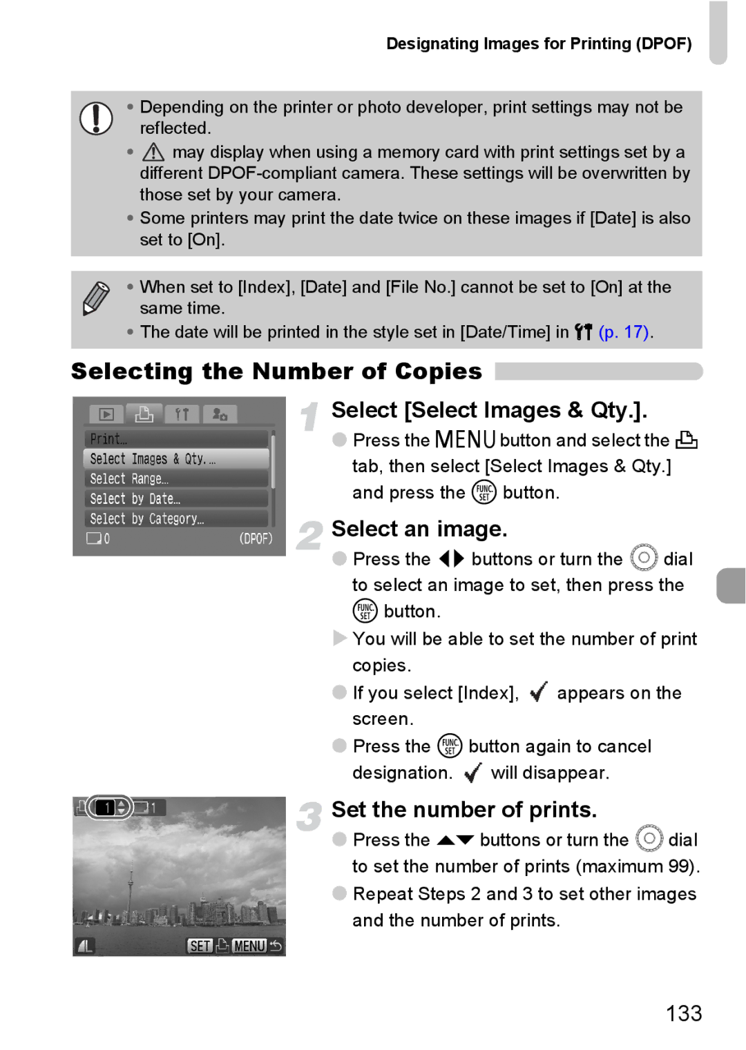 Canon IXUS980IS manual Selecting the Number of Copies, Select Select Images & Qty, Set the number of prints, 133 