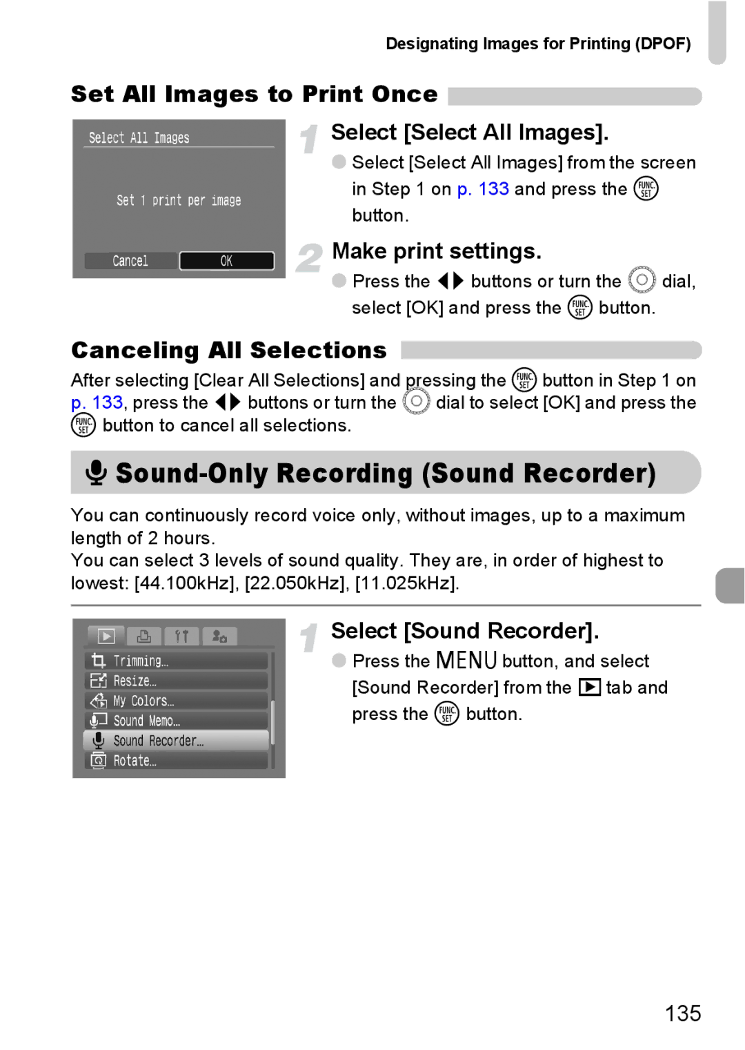 Canon IXUS980IS manual Set All Images to Print Once, Select Select All Images, Select Sound Recorder, 135 