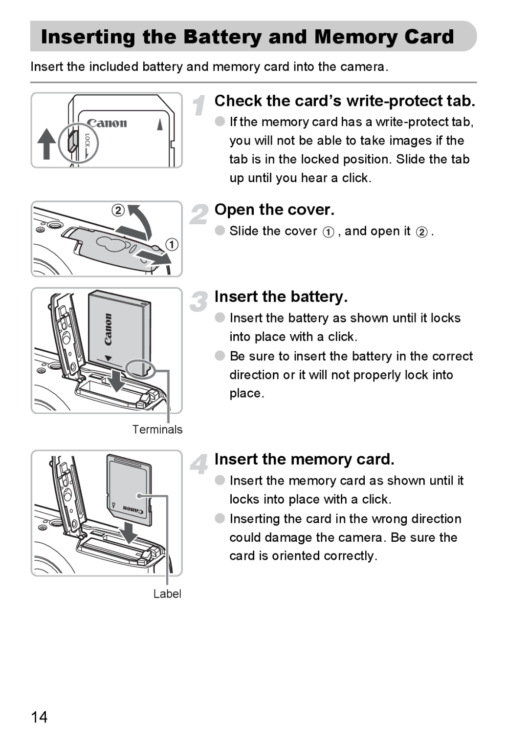 Canon IXUS980IS manual Inserting the Battery and Memory Card, Check the card’s write-protect tab, Open the cover 