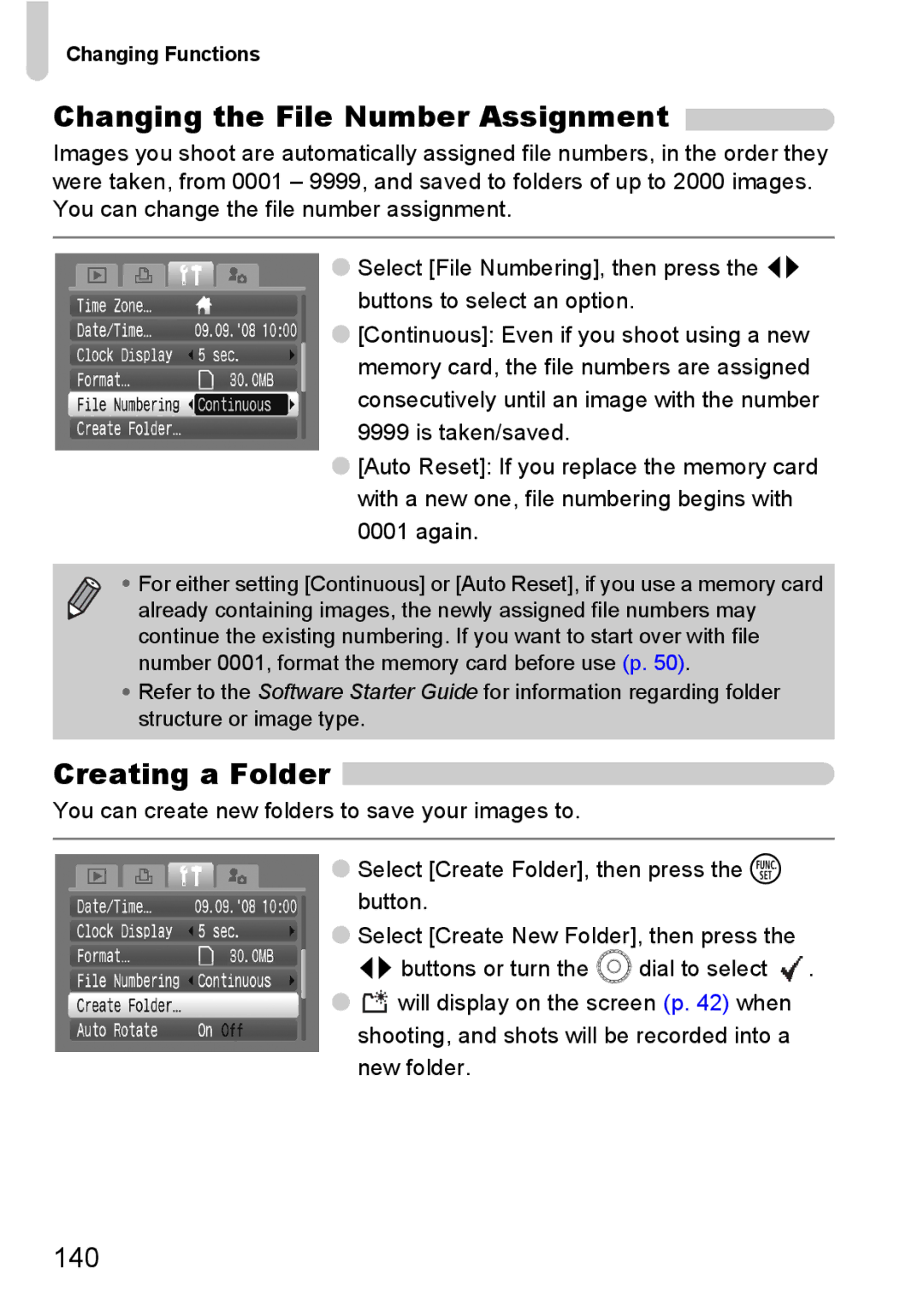 Canon IXUS980IS manual Changing the File Number Assignment, Creating a Folder, 140 