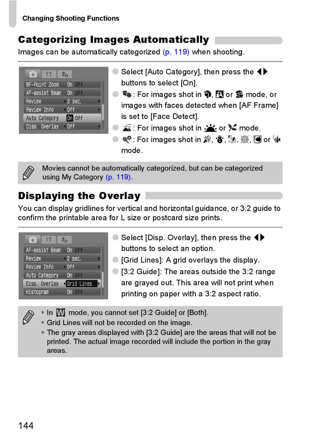 Canon IXUS980IS manual Categorizing Images Automatically, Displaying the Overlay, 144 