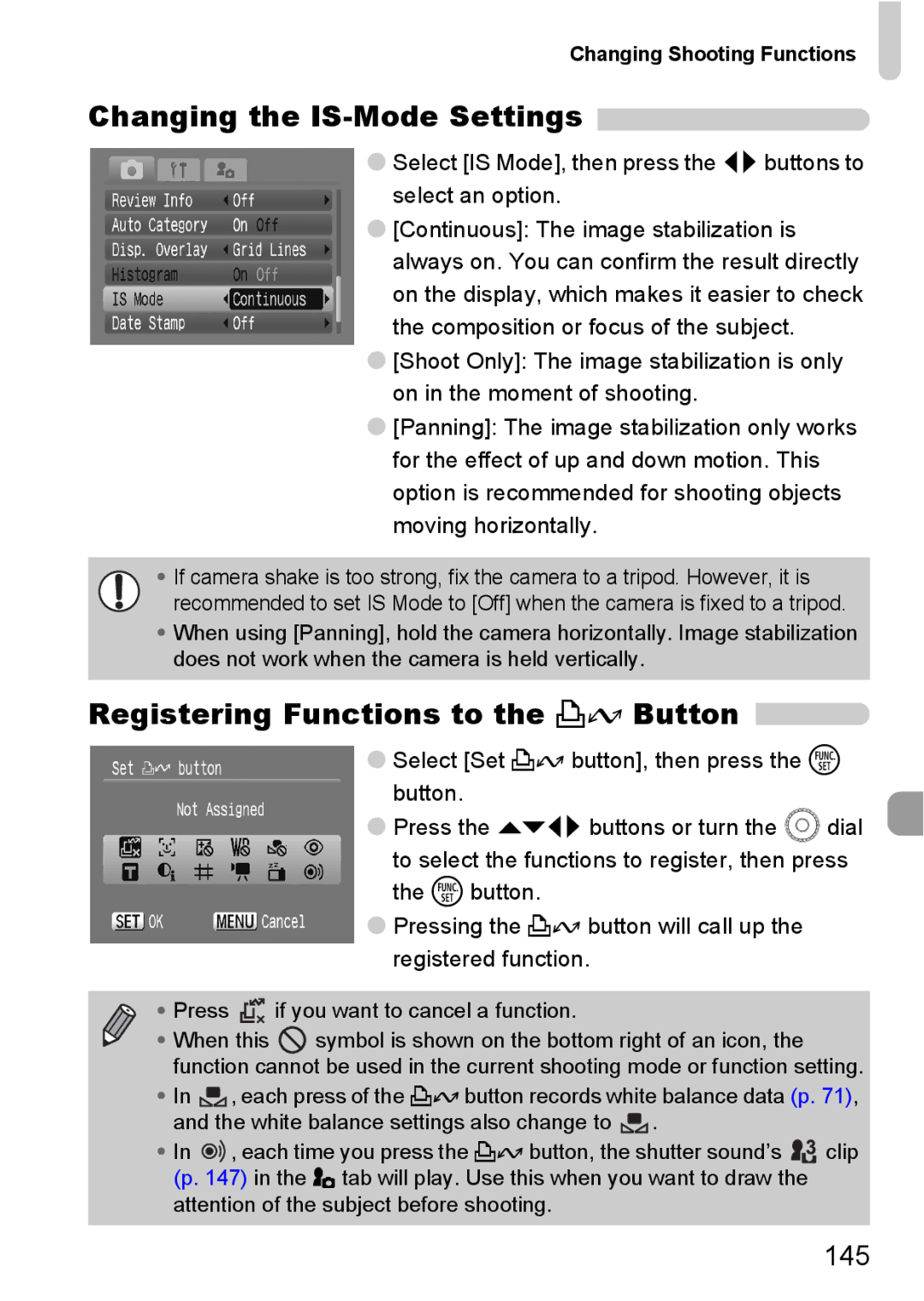 Canon IXUS980IS manual Changing the IS-Mode Settings, Registering Functions to the c Button, 145 