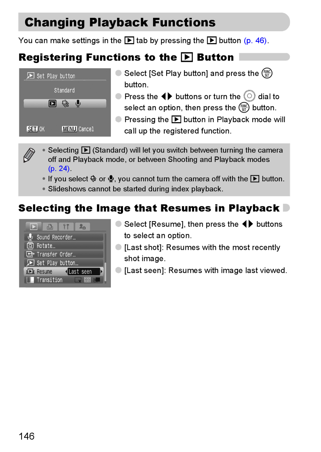 Canon IXUS980IS manual Changing Playback Functions, Registering Functions to the 1 Button, 146 