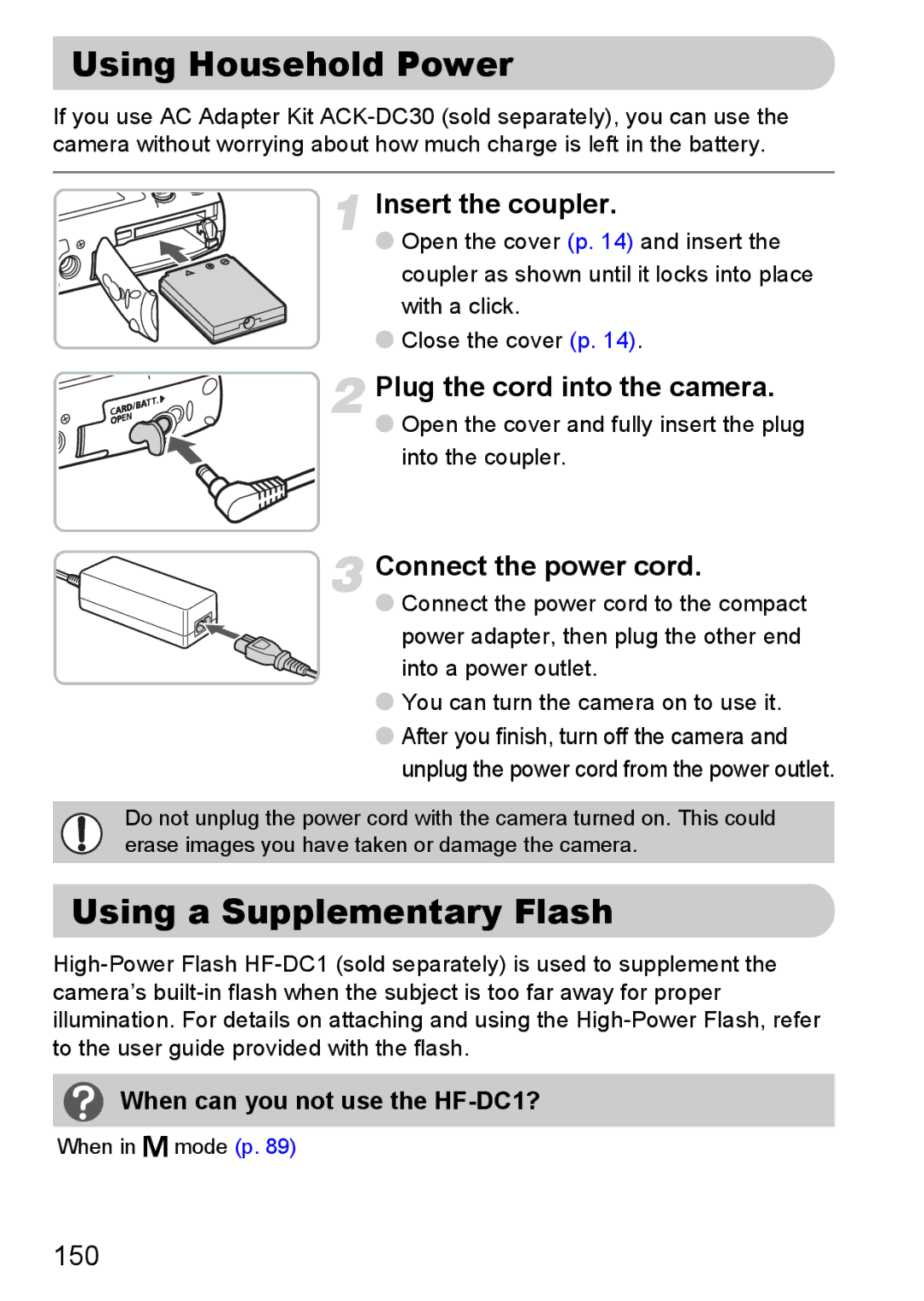 Canon IXUS980IS Using Household Power, Using a Supplementary Flash, Insert the coupler, Plug the cord into the camera 