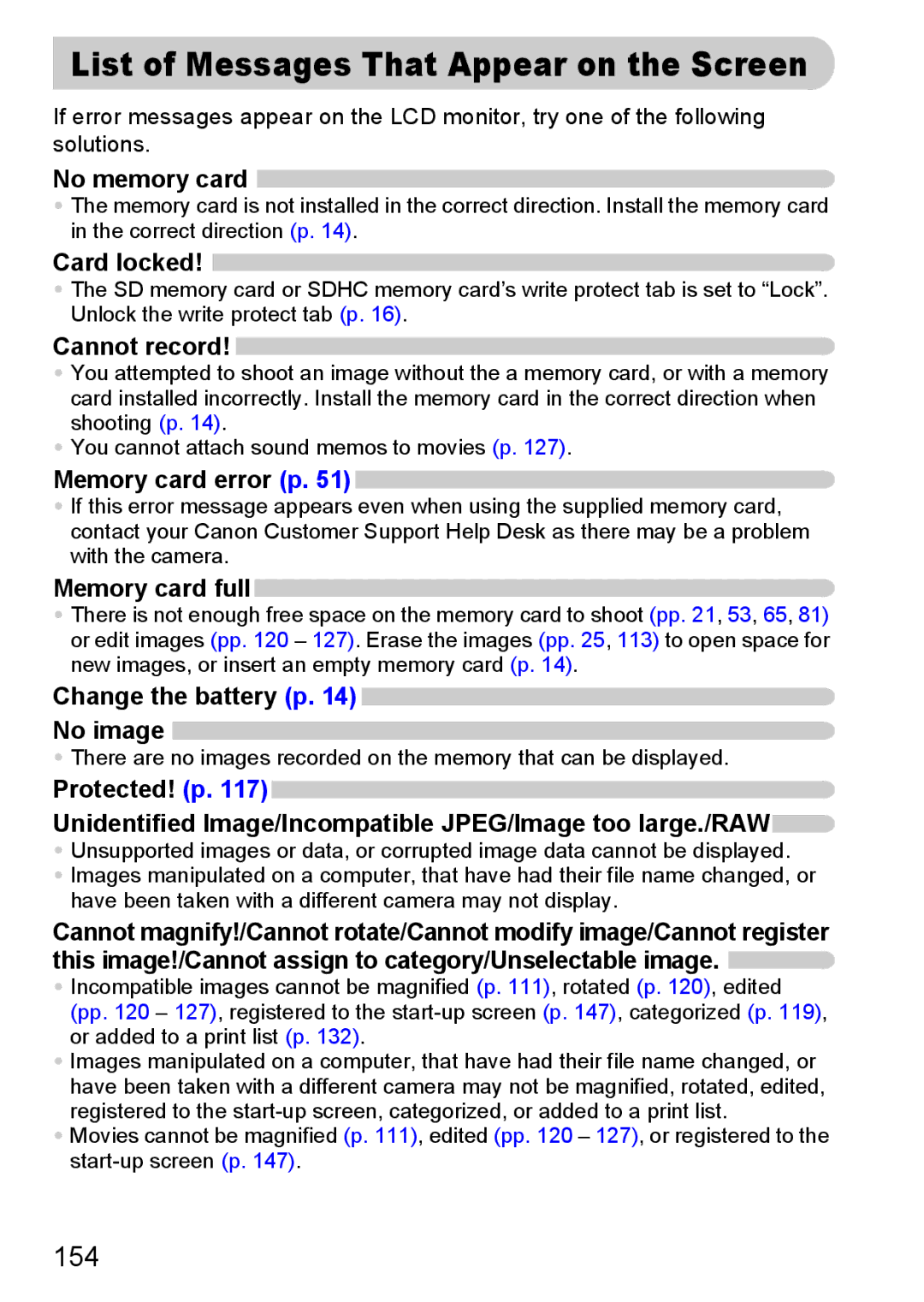 Canon IXUS980IS manual List of Messages That Appear on the Screen, 154 