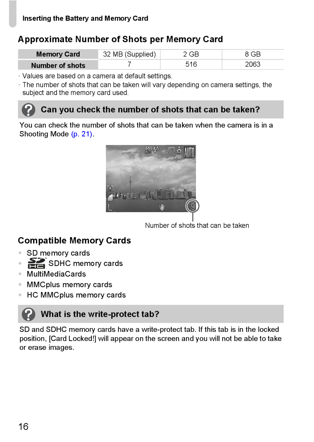 Canon IXUS980IS manual Approximate Number of Shots per Memory Card, Can you check the number of shots that can be taken? 