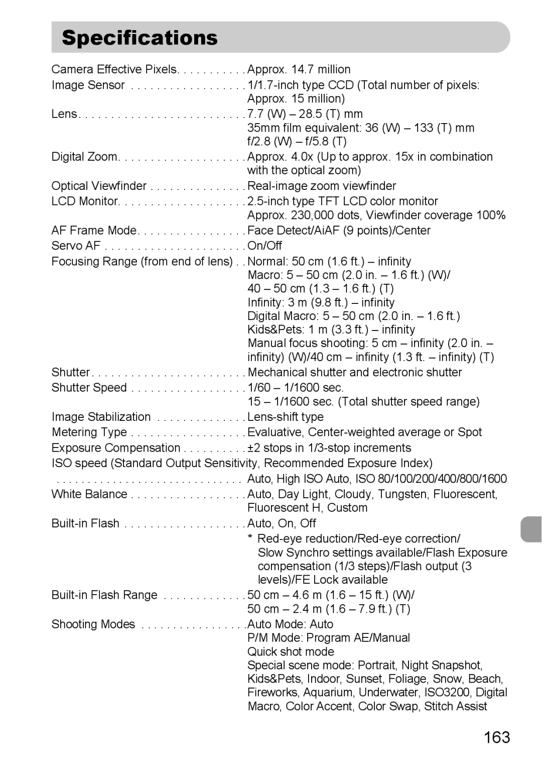 Canon IXUS980IS manual Specifications, 163 