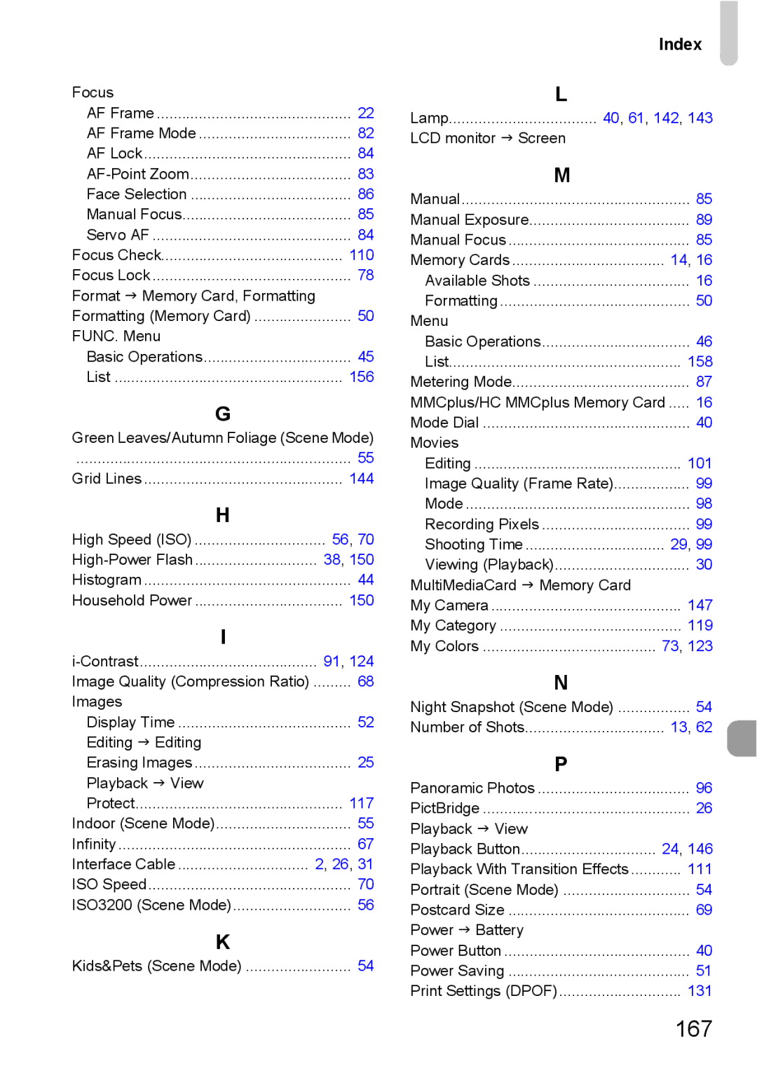 Canon IXUS980IS manual 167, Index 