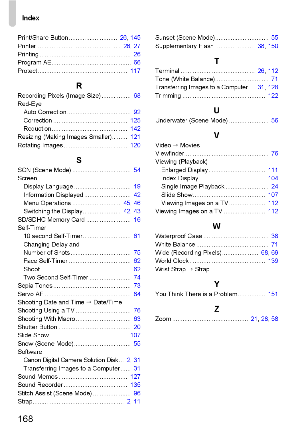 Canon IXUS980IS manual 168, Index 