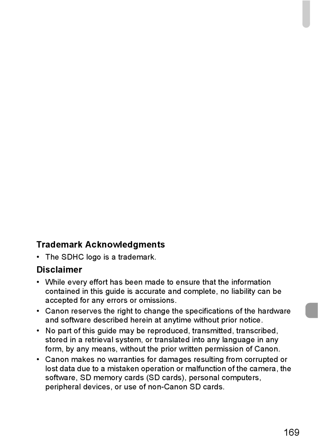 Canon IXUS980IS manual 169, Trademark Acknowledgments, Disclaimer 