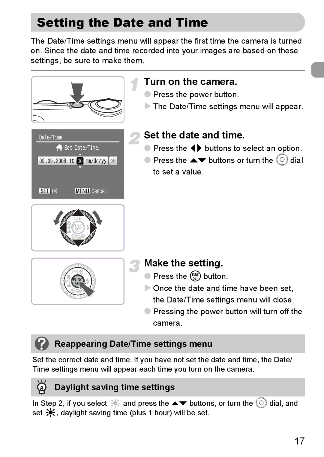 Canon IXUS980IS manual Setting the Date and Time, Turn on the camera, Set the date and time, Make the setting 