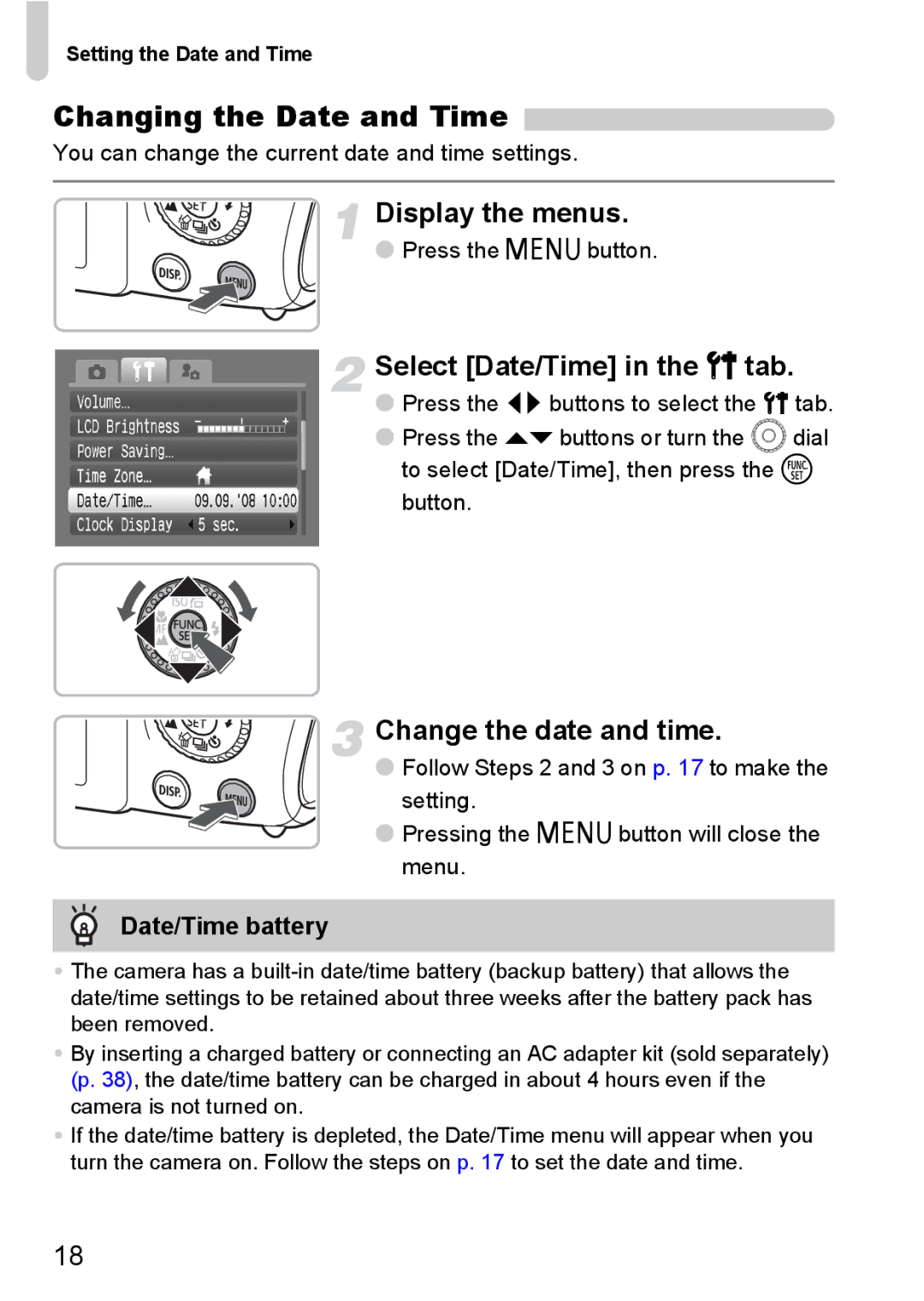 Canon IXUS980IS Changing the Date and Time, Display the menus, Select Date/Time in the 3 tab, Change the date and time 