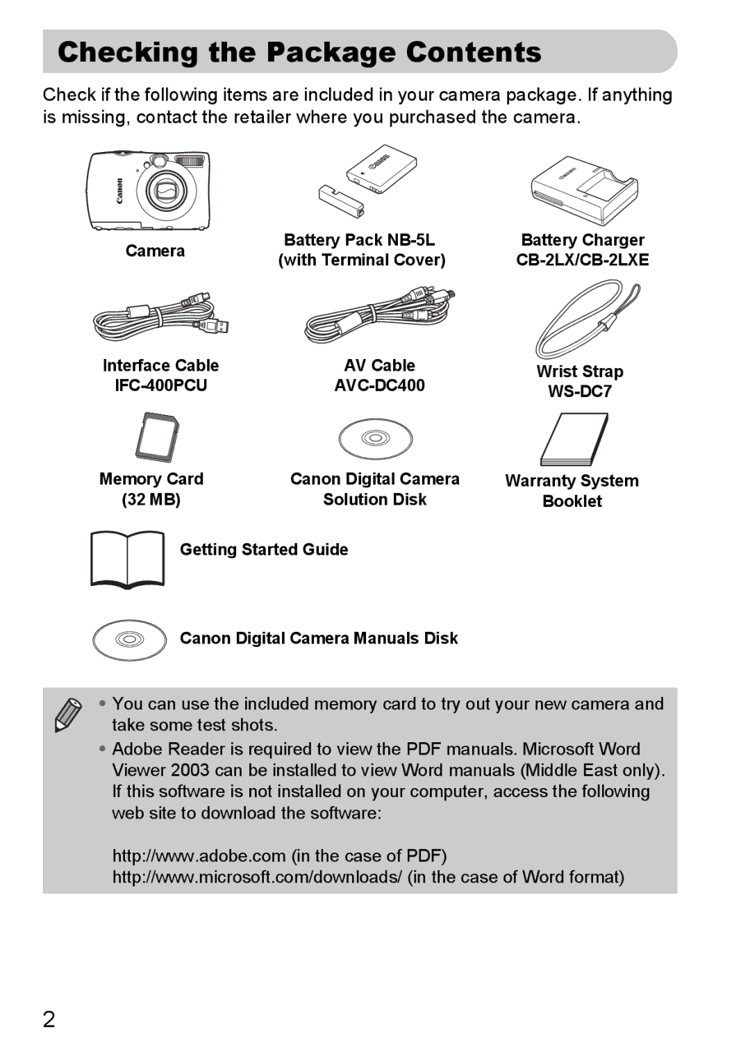 Canon IXUS980IS manual Checking the Package Contents 