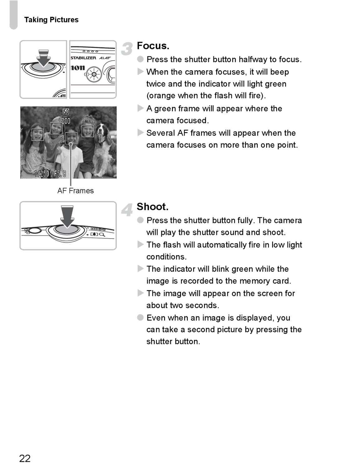 Canon IXUS980IS manual Focus, Shoot, Taking Pictures 