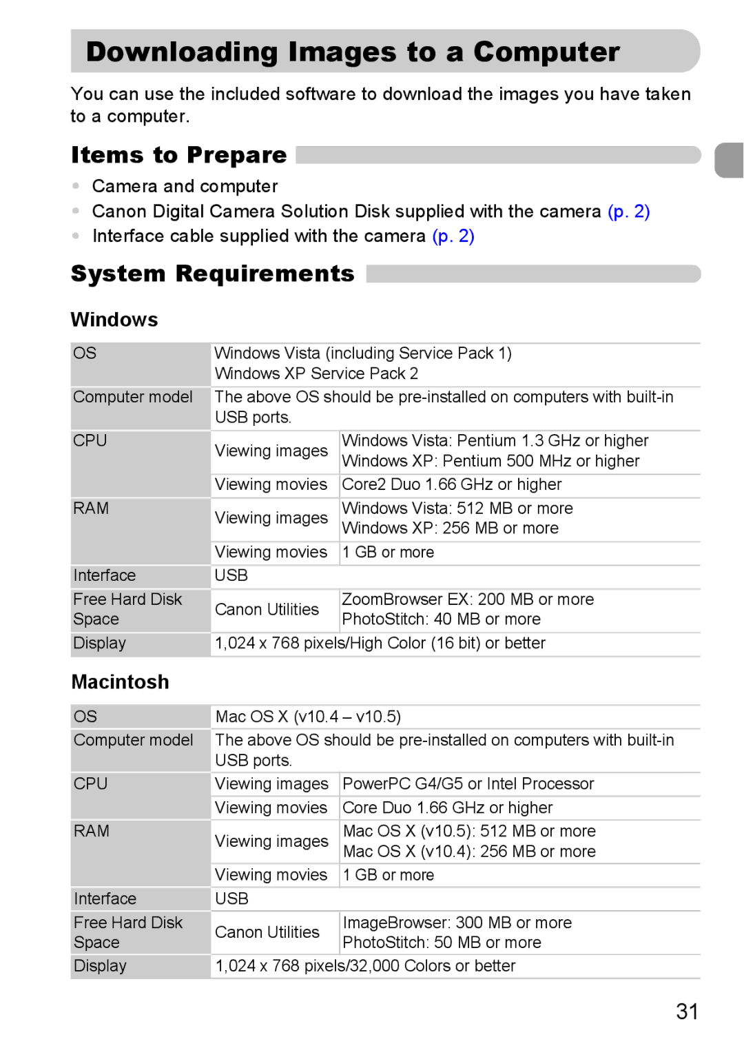 Canon IXUS980IS manual Downloading Images to a Computer, System Requirements, Windows, Macintosh 