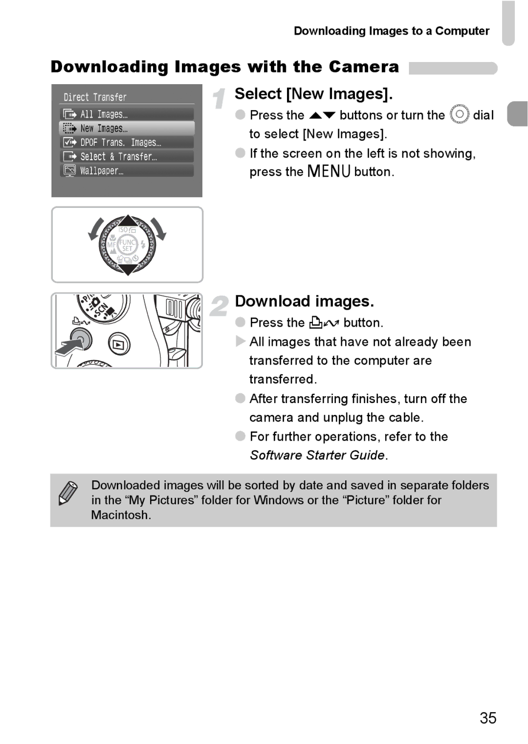 Canon IXUS980IS manual Downloading Images with the Camera, Select New Images, Download images 