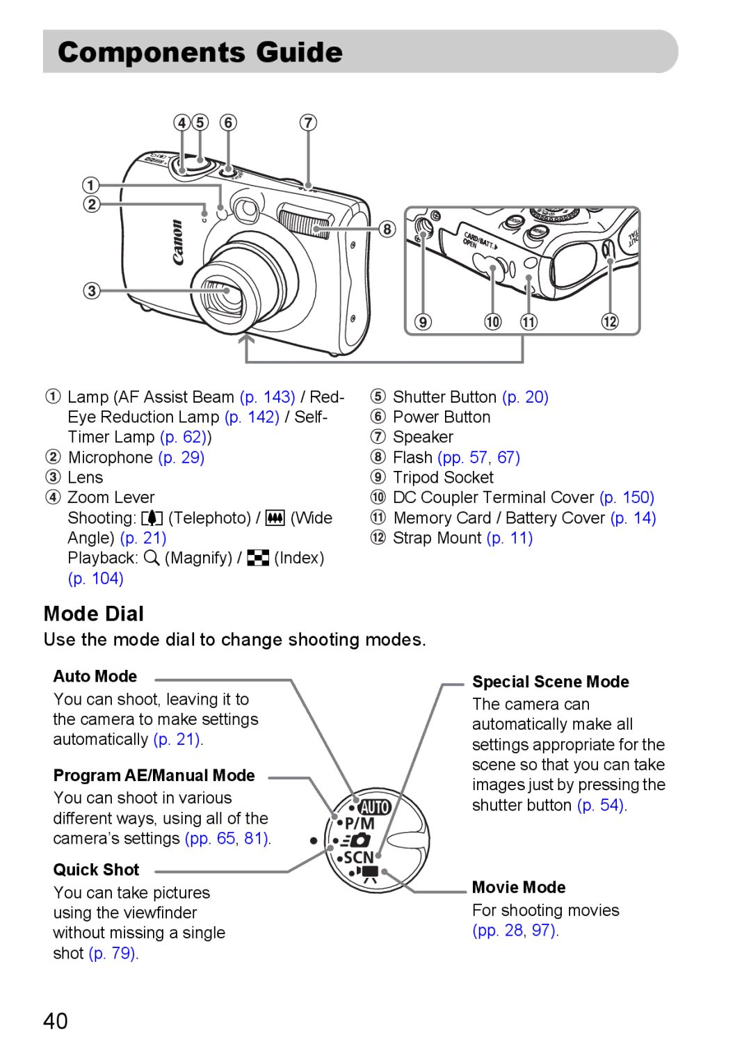 Canon IXUS980IS manual Components Guide, Mode Dial 