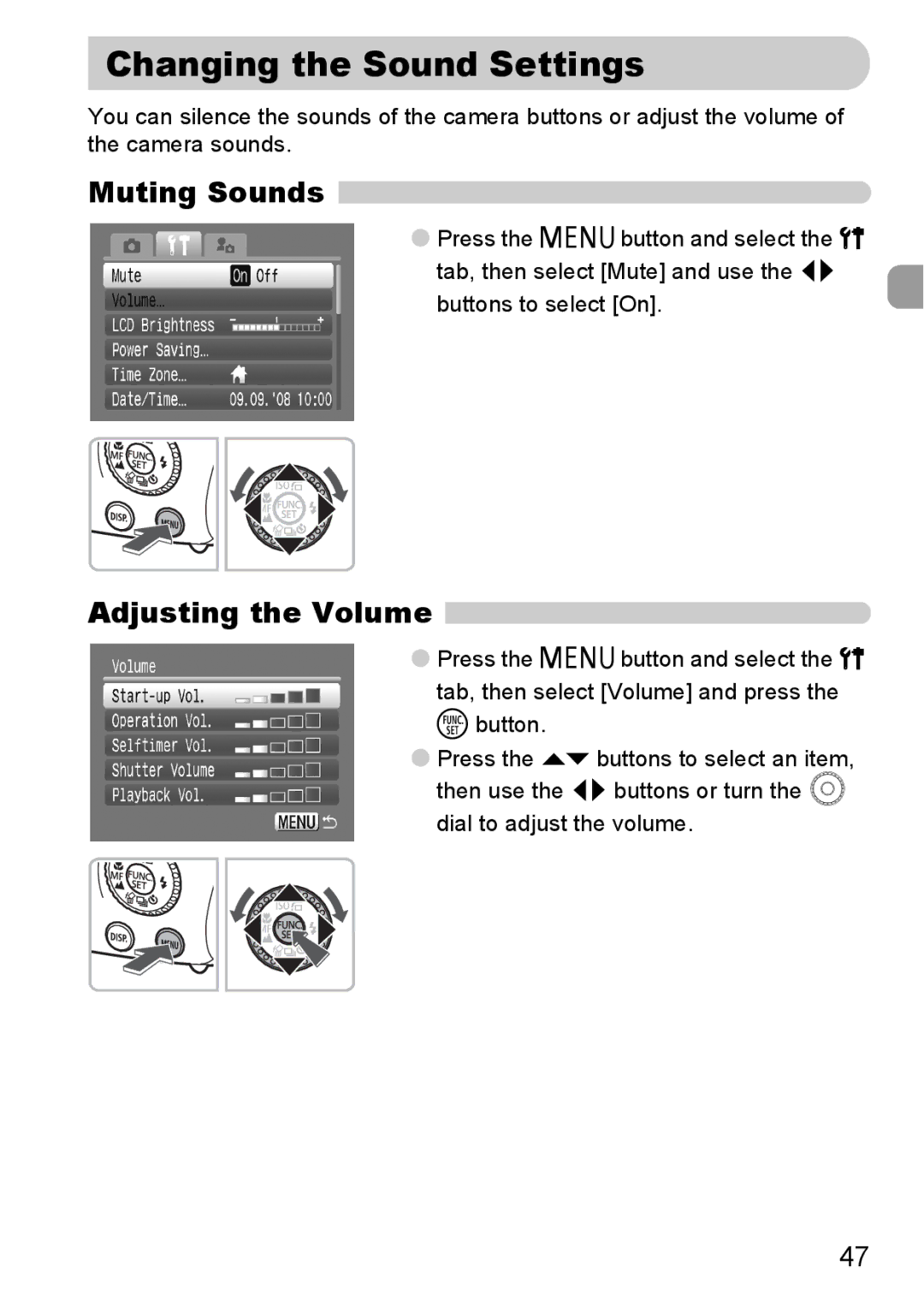 Canon IXUS980IS manual Changing the Sound Settings, Muting Sounds, Adjusting the Volume 