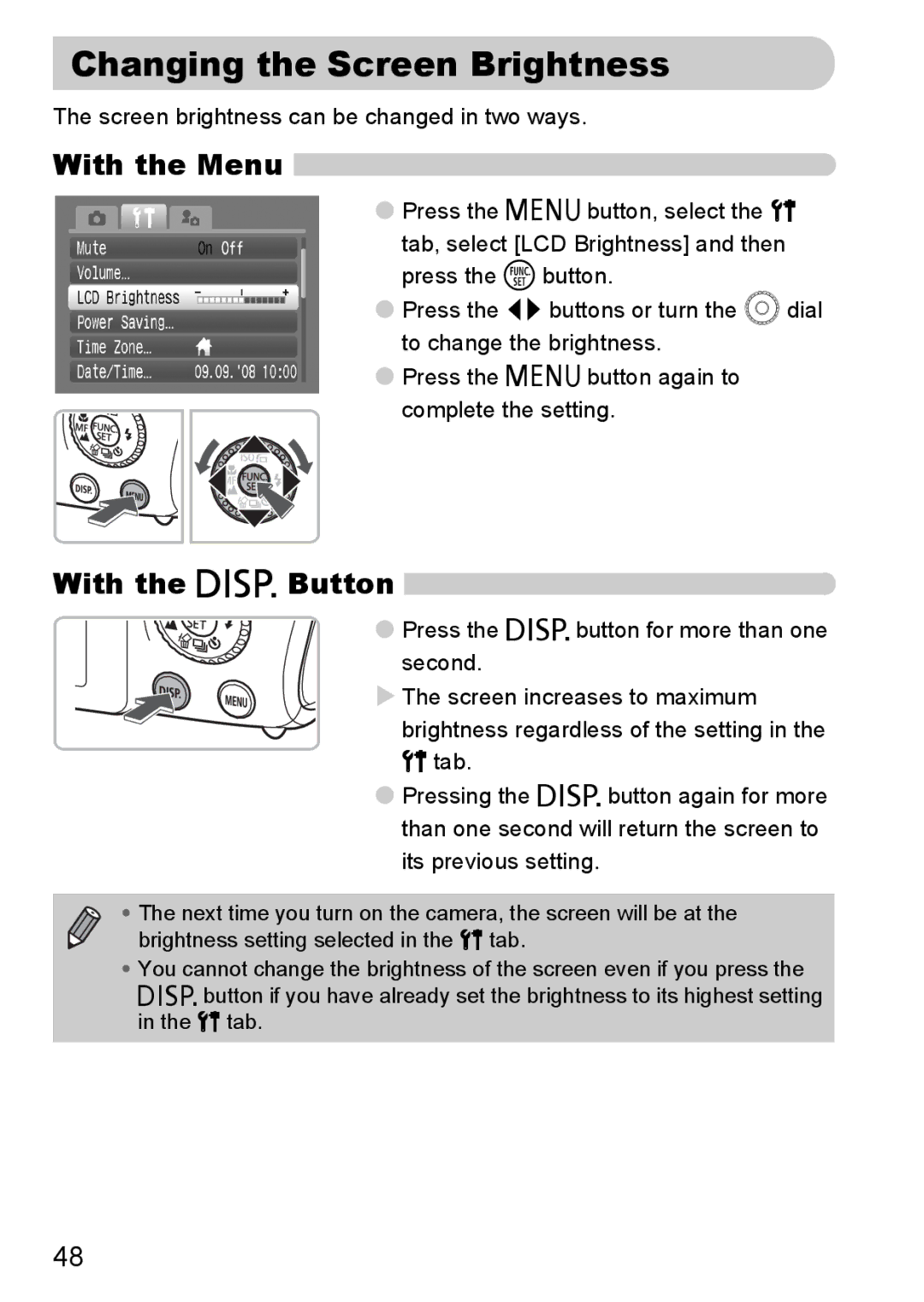 Canon IXUS980IS manual Changing the Screen Brightness, With the Menu, With the l Button 