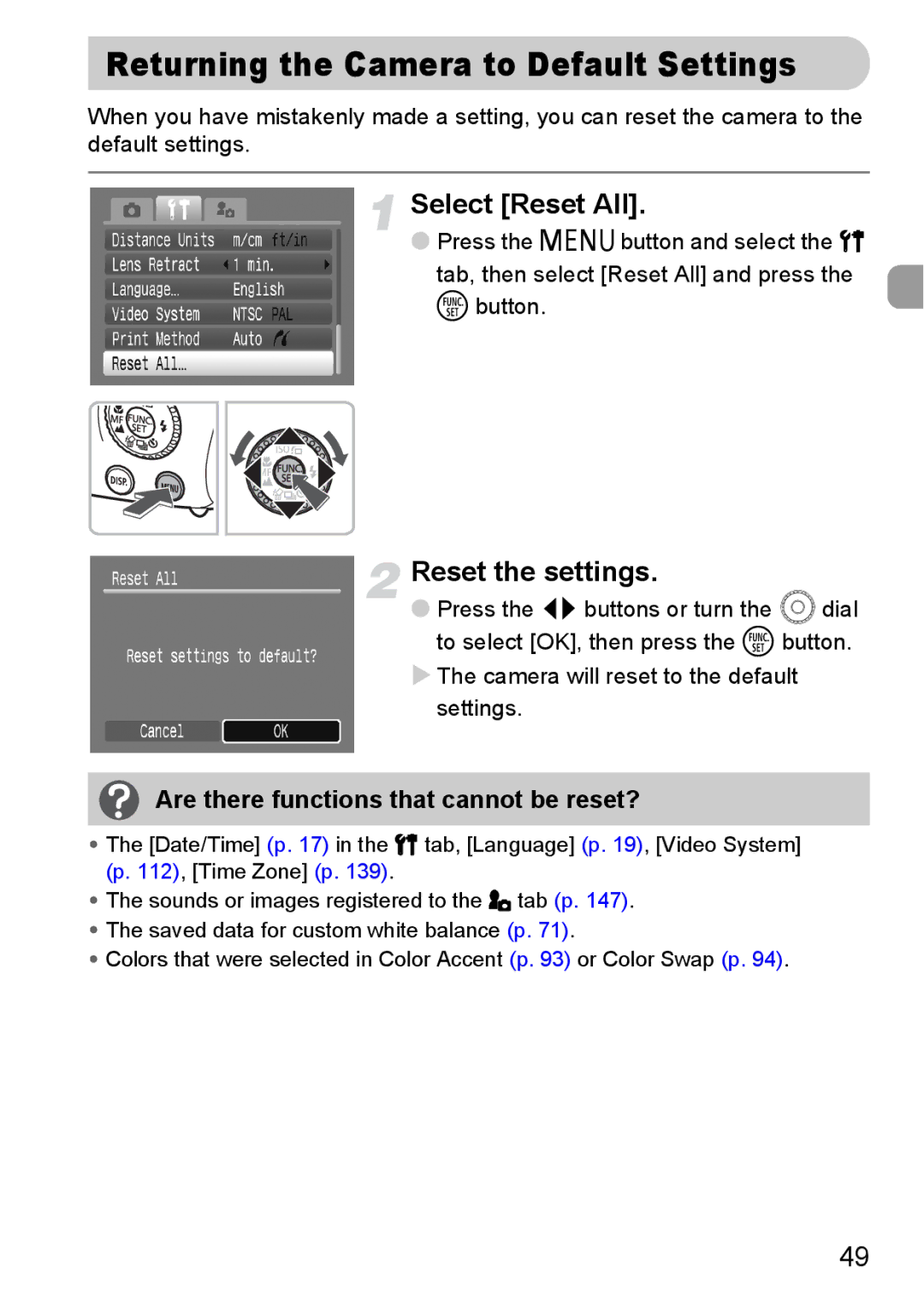 Canon IXUS980IS manual Returning the Camera to Default Settings, Select Reset All, Reset the settings 